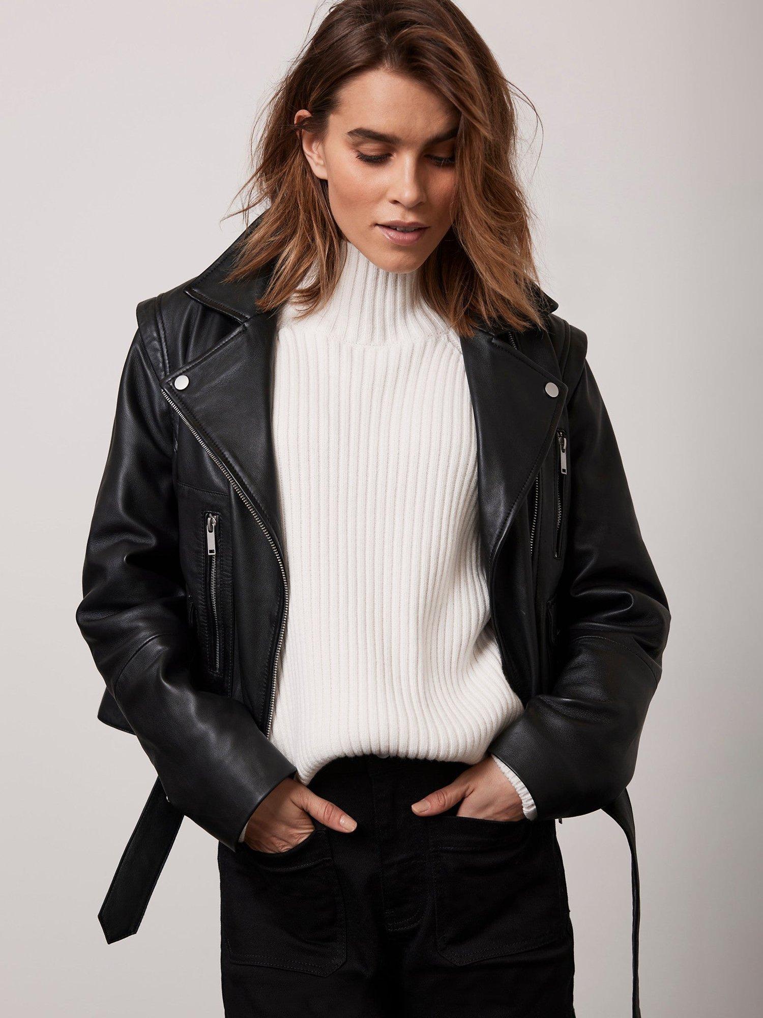 Mint Velvet Leather Biker Jacket Black