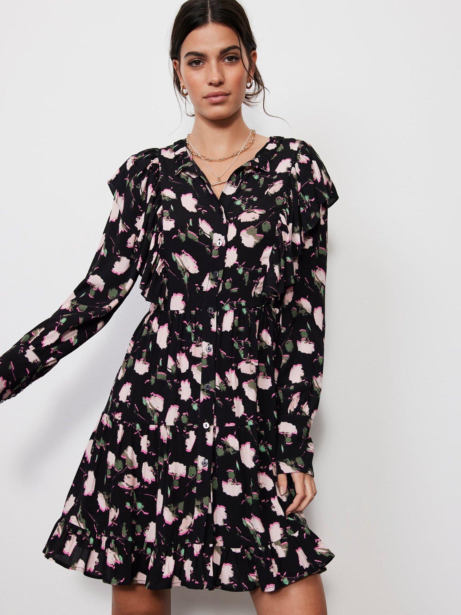 Mint Velvet Floral Shirt Mini Dress, Black