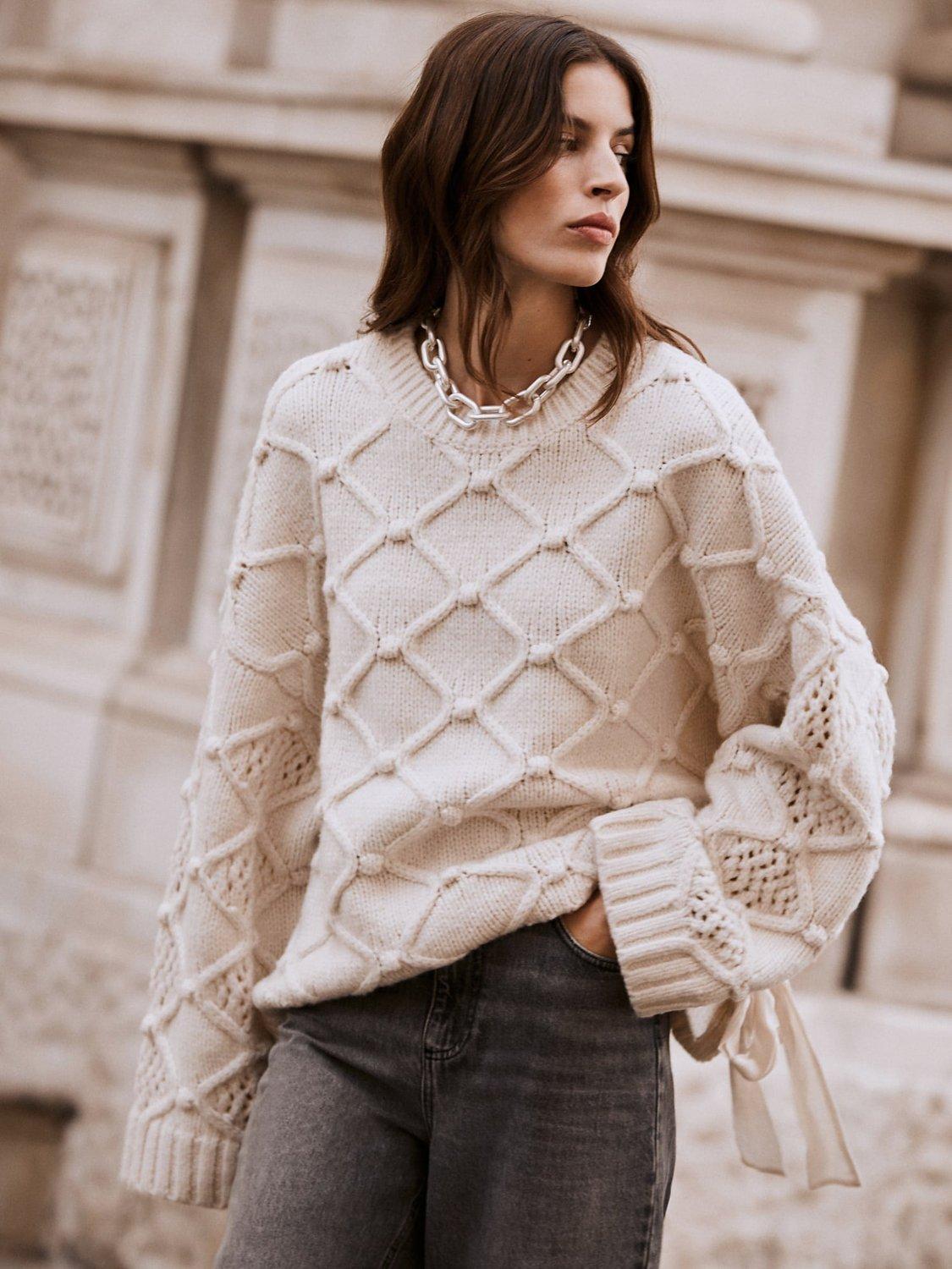 Mint Velvet Bobble Stitch Tie Wool Blend Jumper, Cream