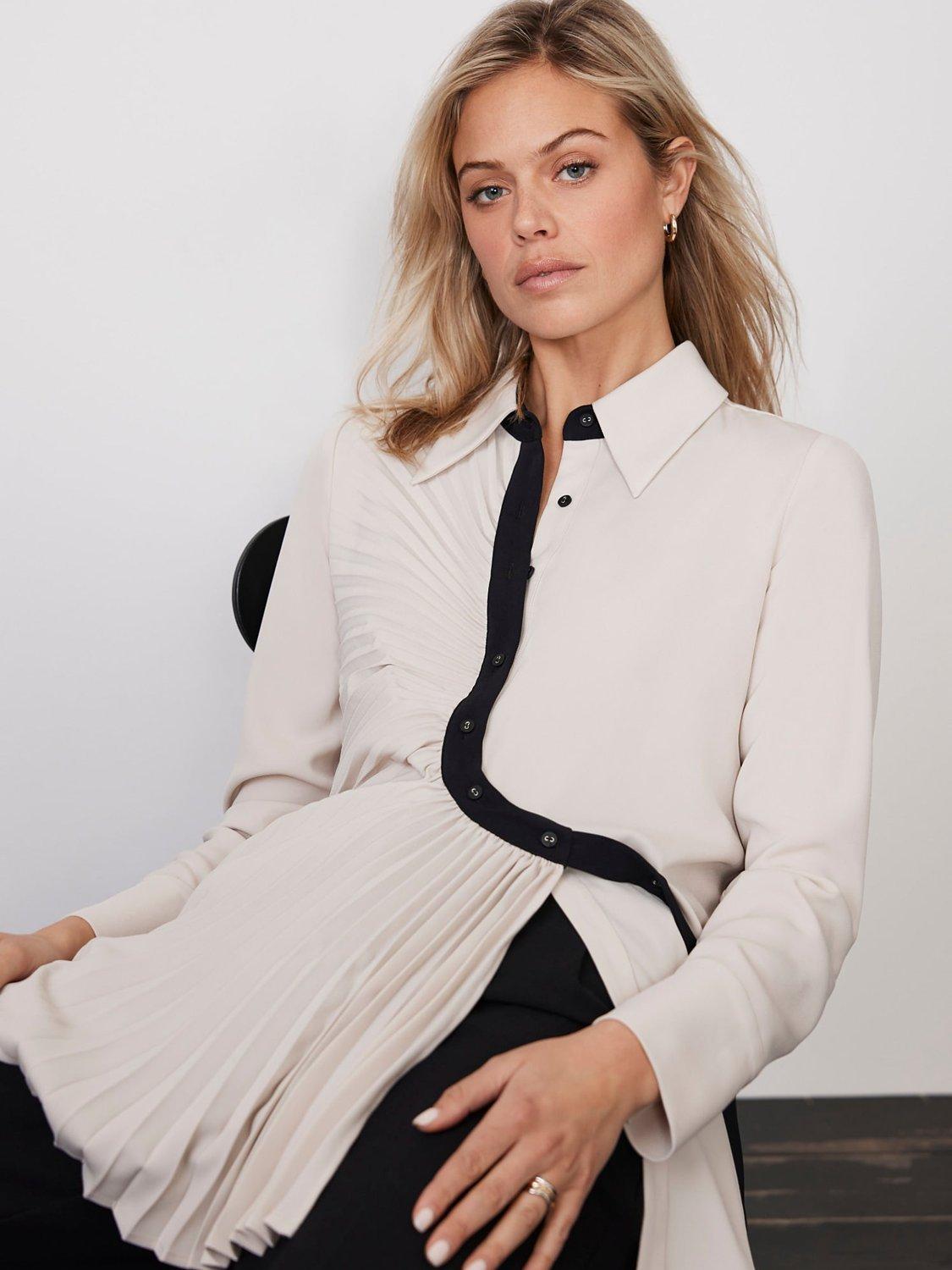 Mint Velvet Asymmetric Pleated Shirt, Cream/Black
