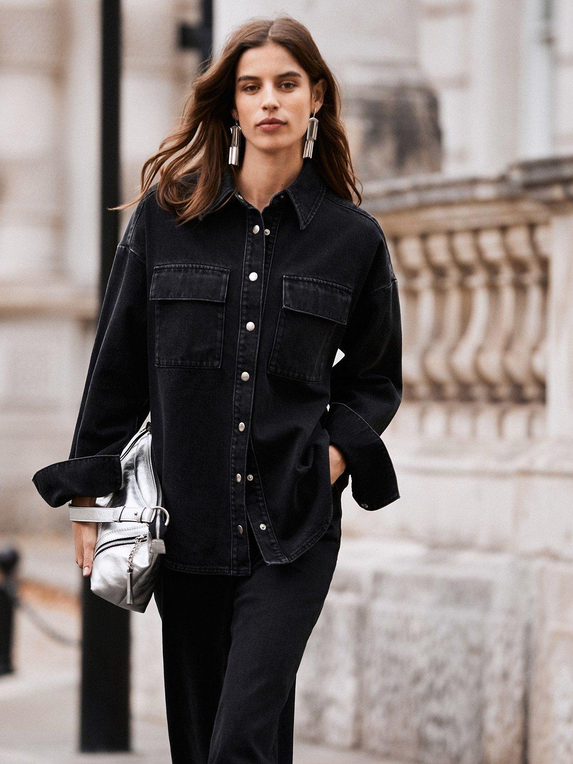 Mint Velvet Oversized Washed Denim Shirt, Black