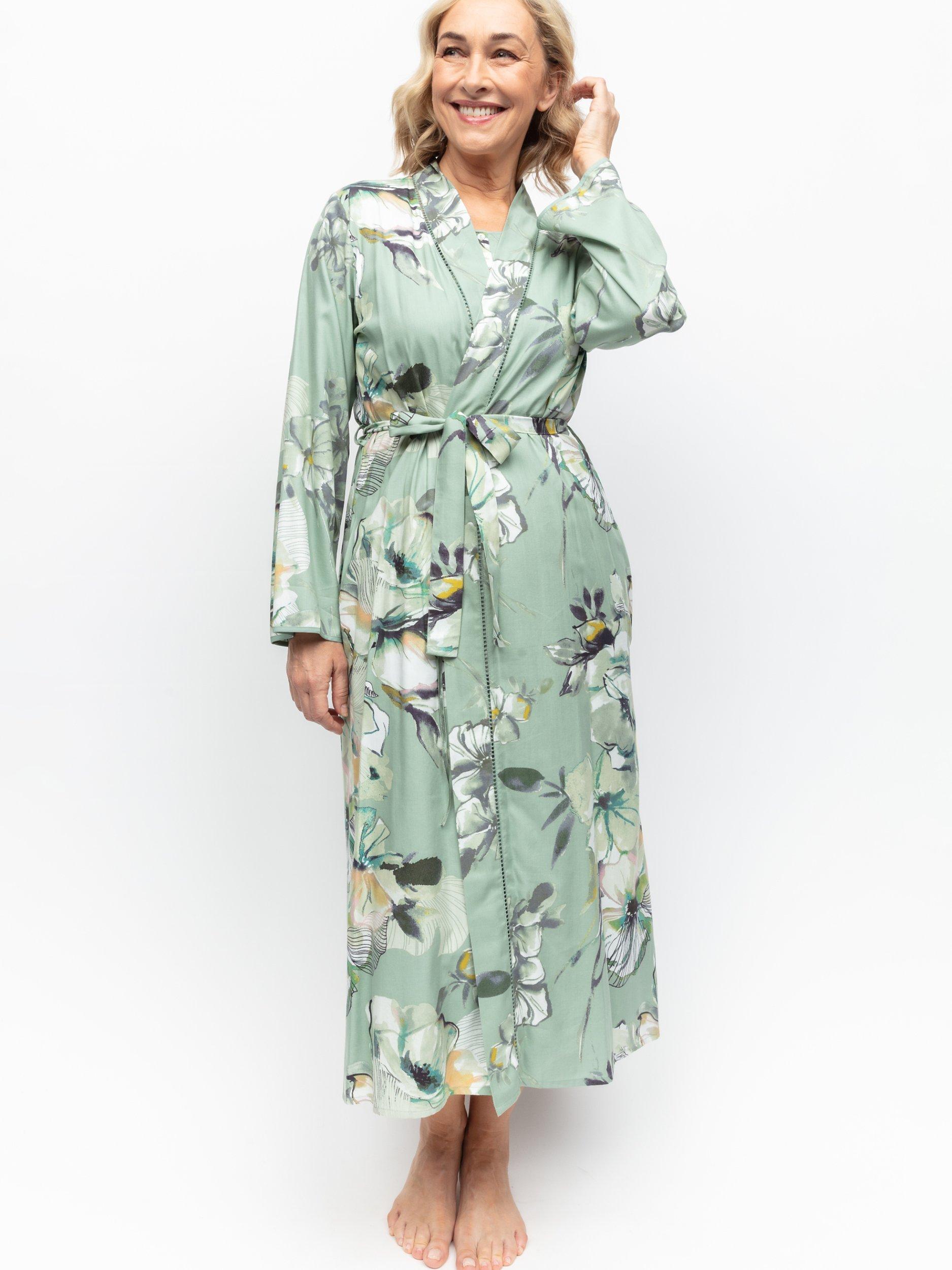 Product image 1 of 2, which shows Cyberjammies Julia Floral Print Long Dressing Gown, Sage Green/Multi, 28