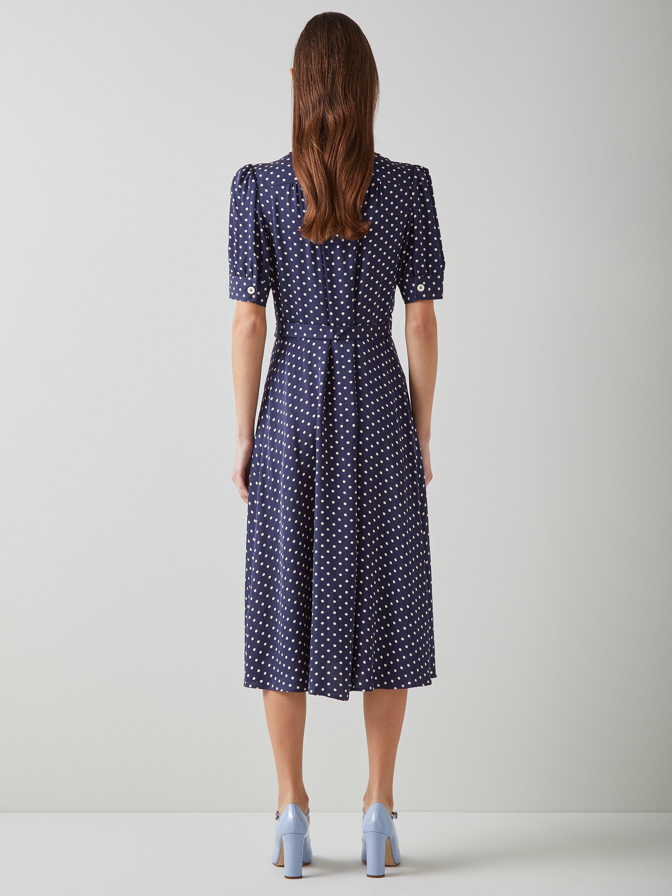 Product image 2 of 4, which shows L.K.Bennett Valerie Spot Print Shirt Midi Dress, Navy/Cream, 12