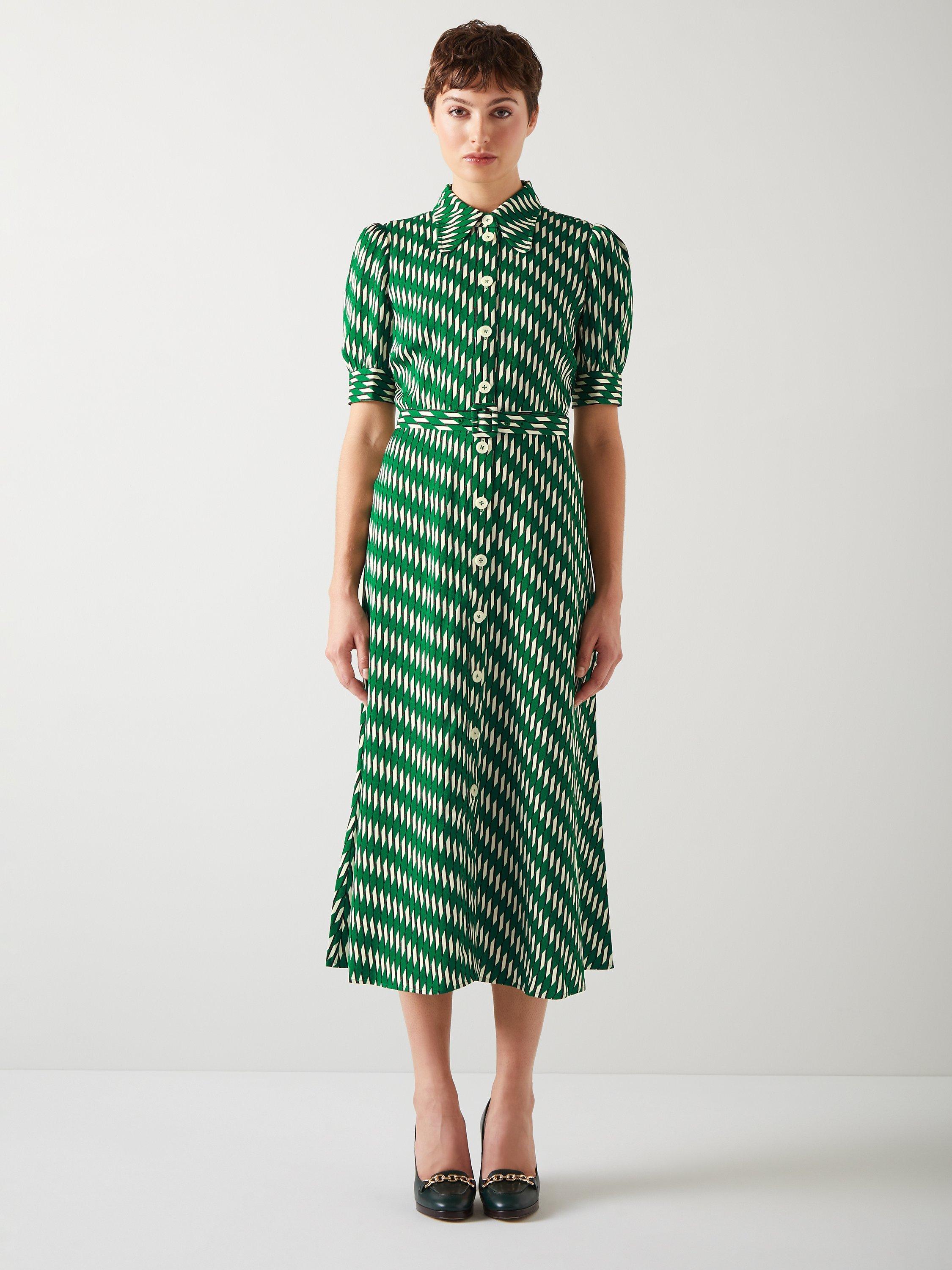 L.K.Bennett Valerie Geometric Print Shirt Midi Dress, Green/Multi