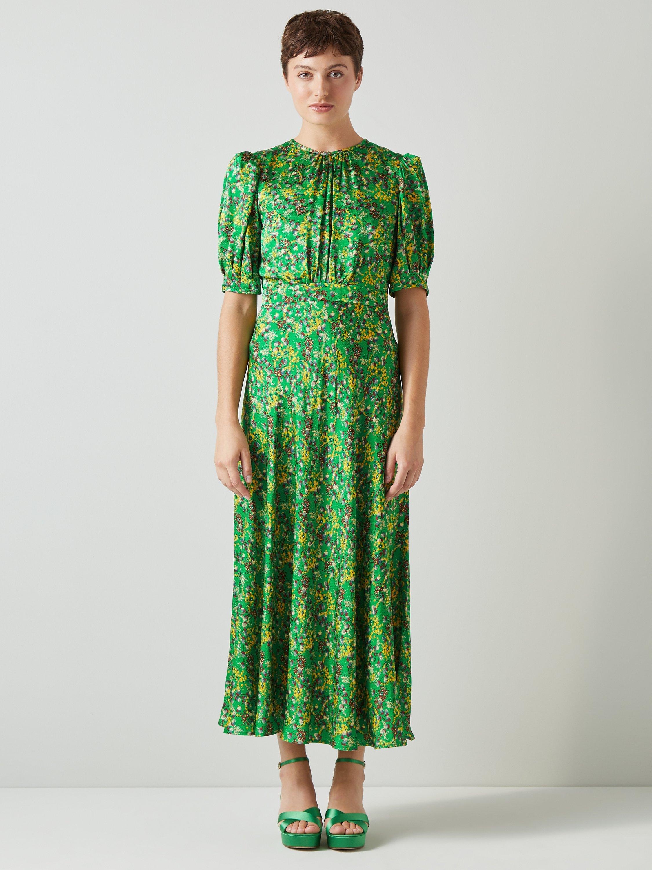 L.K.Bennett Luna Floral Print Satin Midi Dress Green Multi