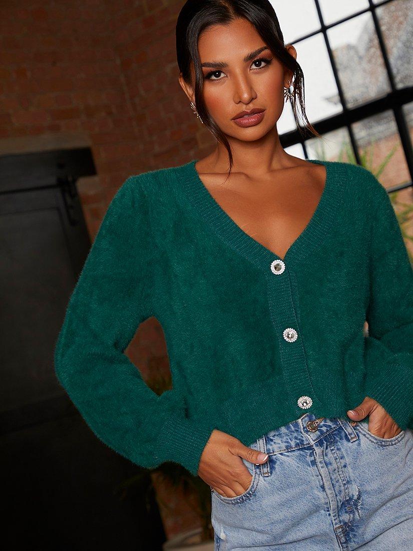 Product image 3 of 4, which shows Chi Chi London Fluffy Knit Cardigan, Green, S