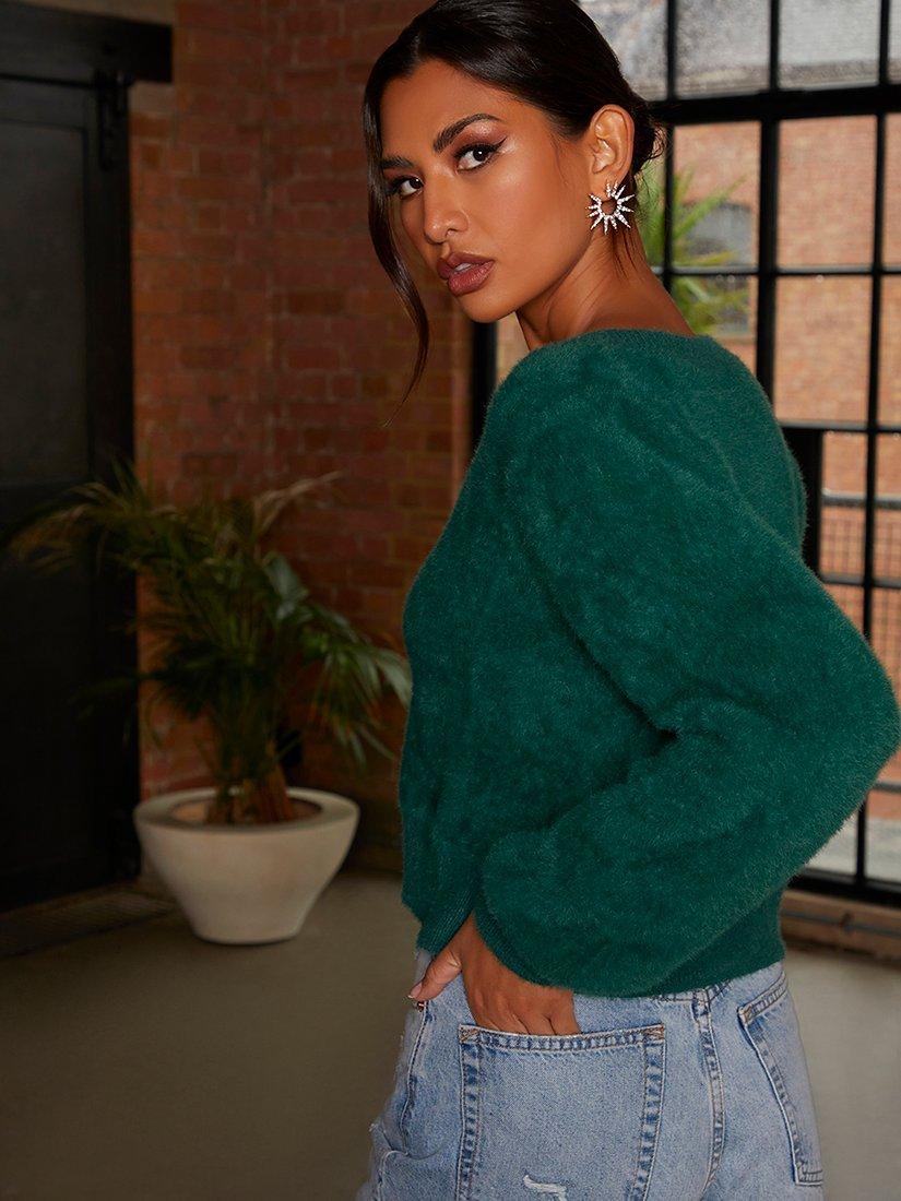 Product image 4 of 4, which shows Chi Chi London Fluffy Knit Cardigan, Green, S