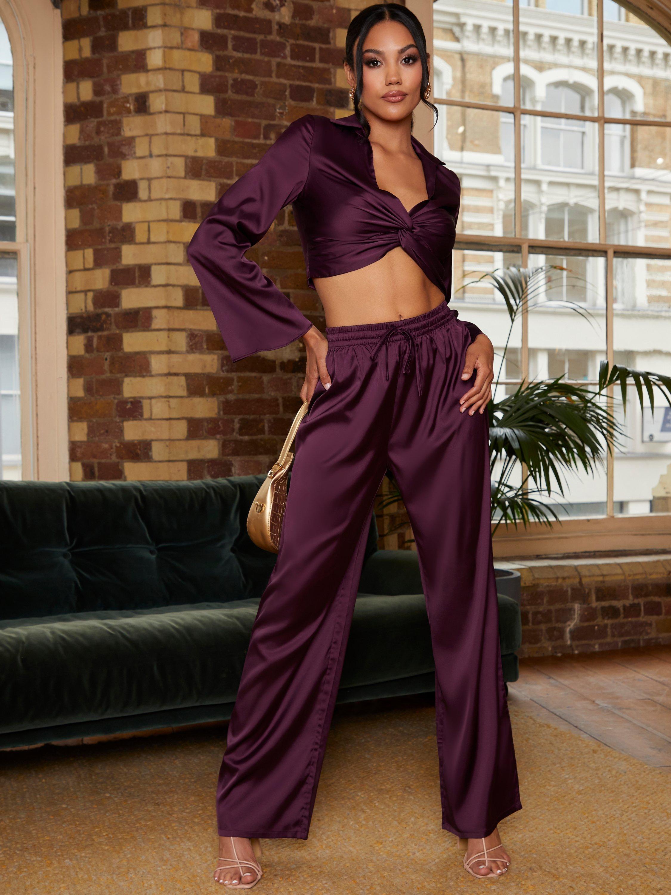 Chi Chi London Plain Satin Wide Leg Trousers, Purple, 6