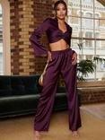 Chi Chi London Plain Satin Wide Leg Trousers, Purple, Purple