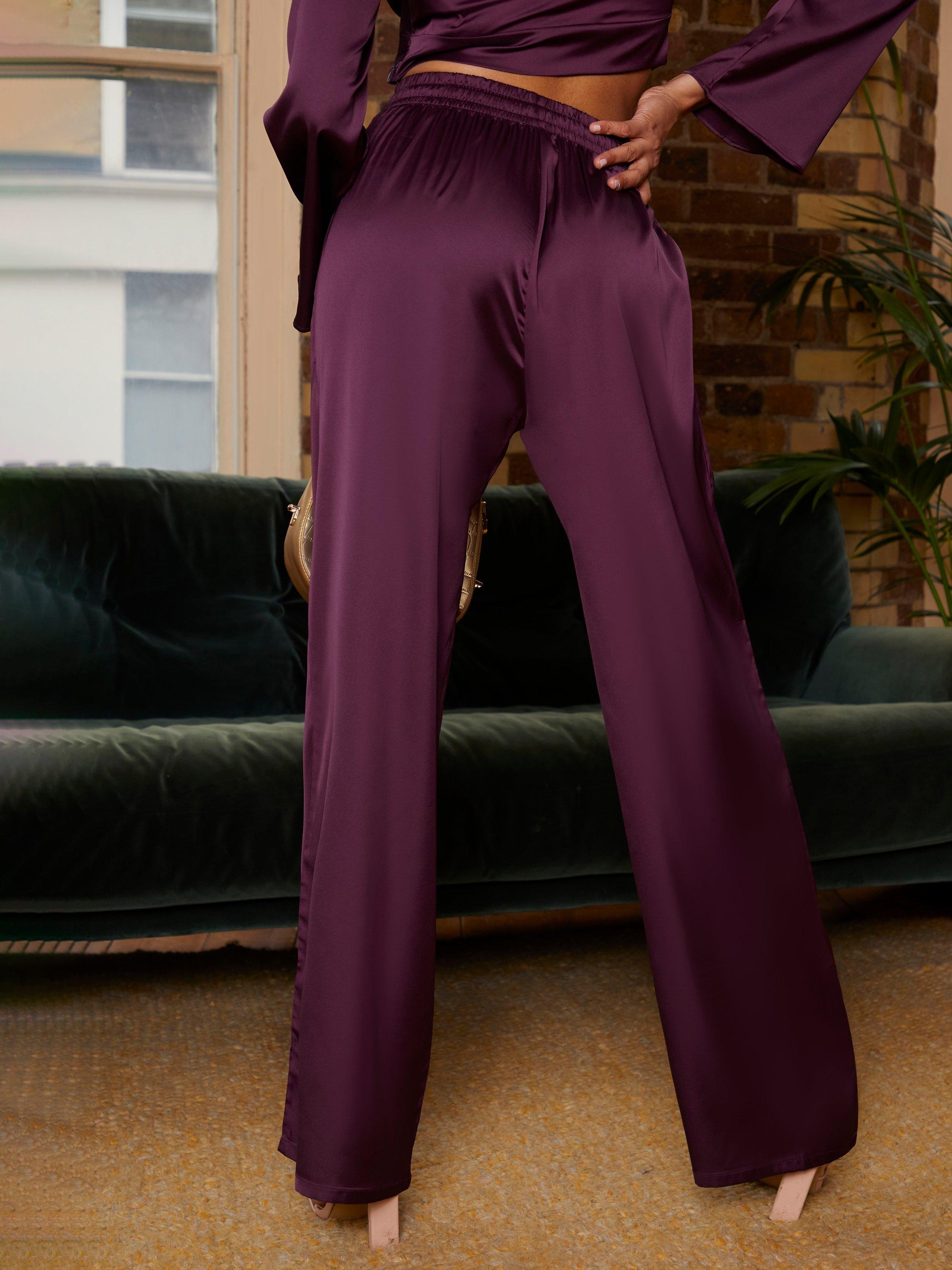 Product image 4 of 4, which shows Chi Chi London Plain Satin Wide Leg Trousers, Purple, 6