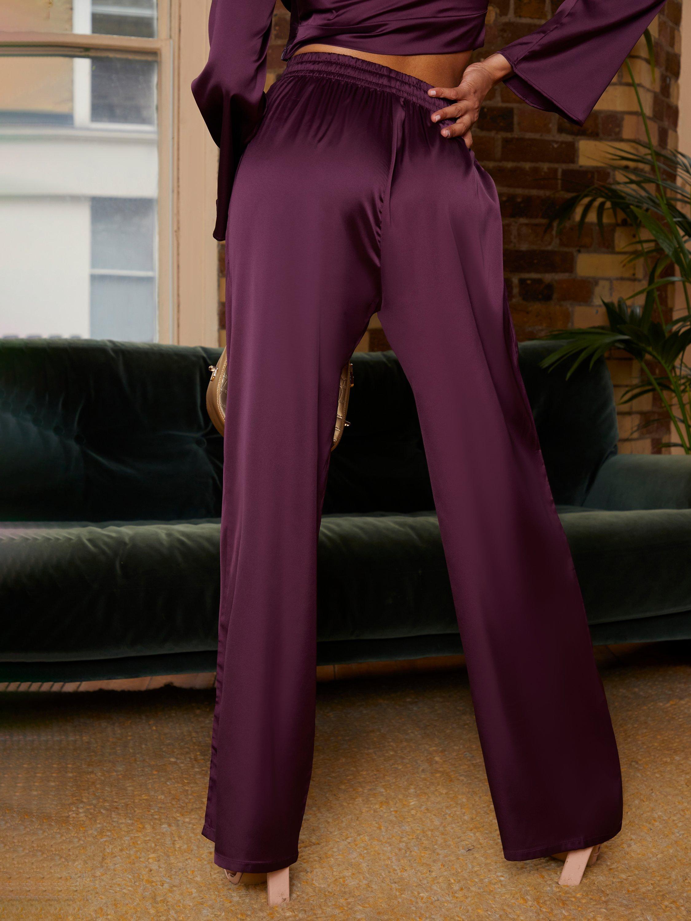 Chi Chi London Plain Satin Wide Leg Trousers, Purple, 6