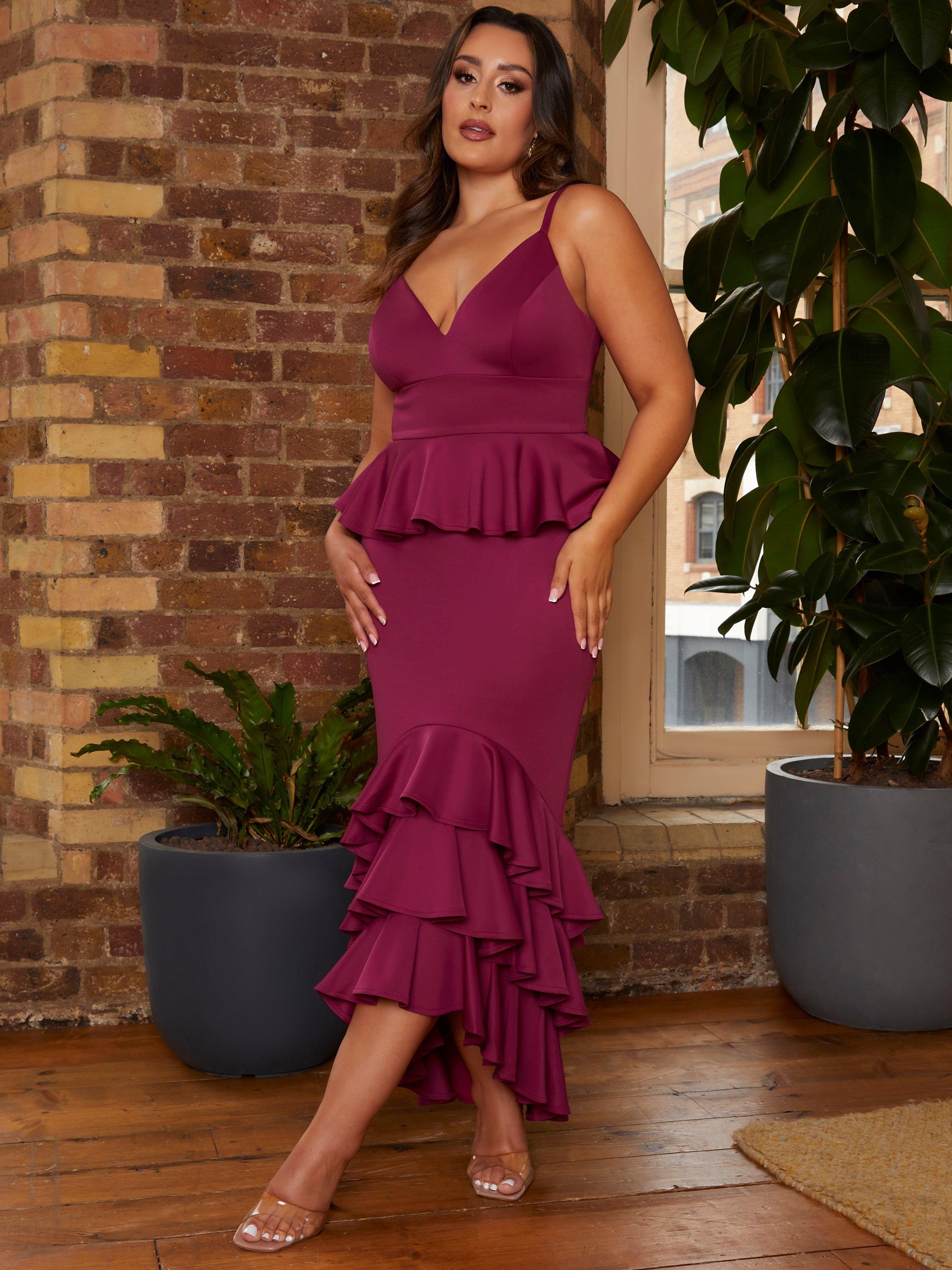 Chi Chi London Ruffle Bodycon Midi Dress, Berry, 10