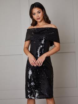 Chi Chi London Sequin Bardot Dress, Black, Black