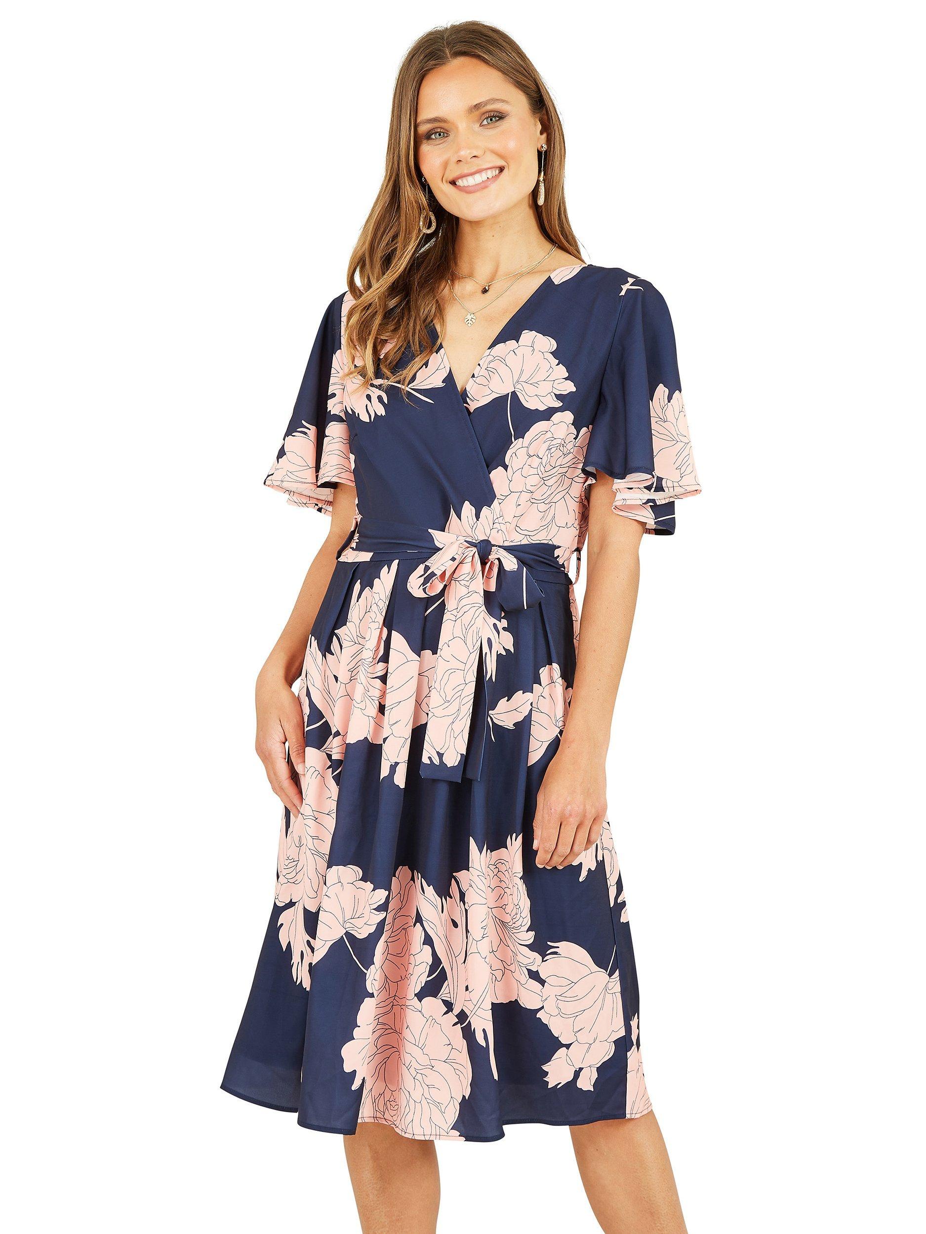 Product image 1 of 3, which shows Mela London Blossom Print Wrap Midi Dress, Navy, 8