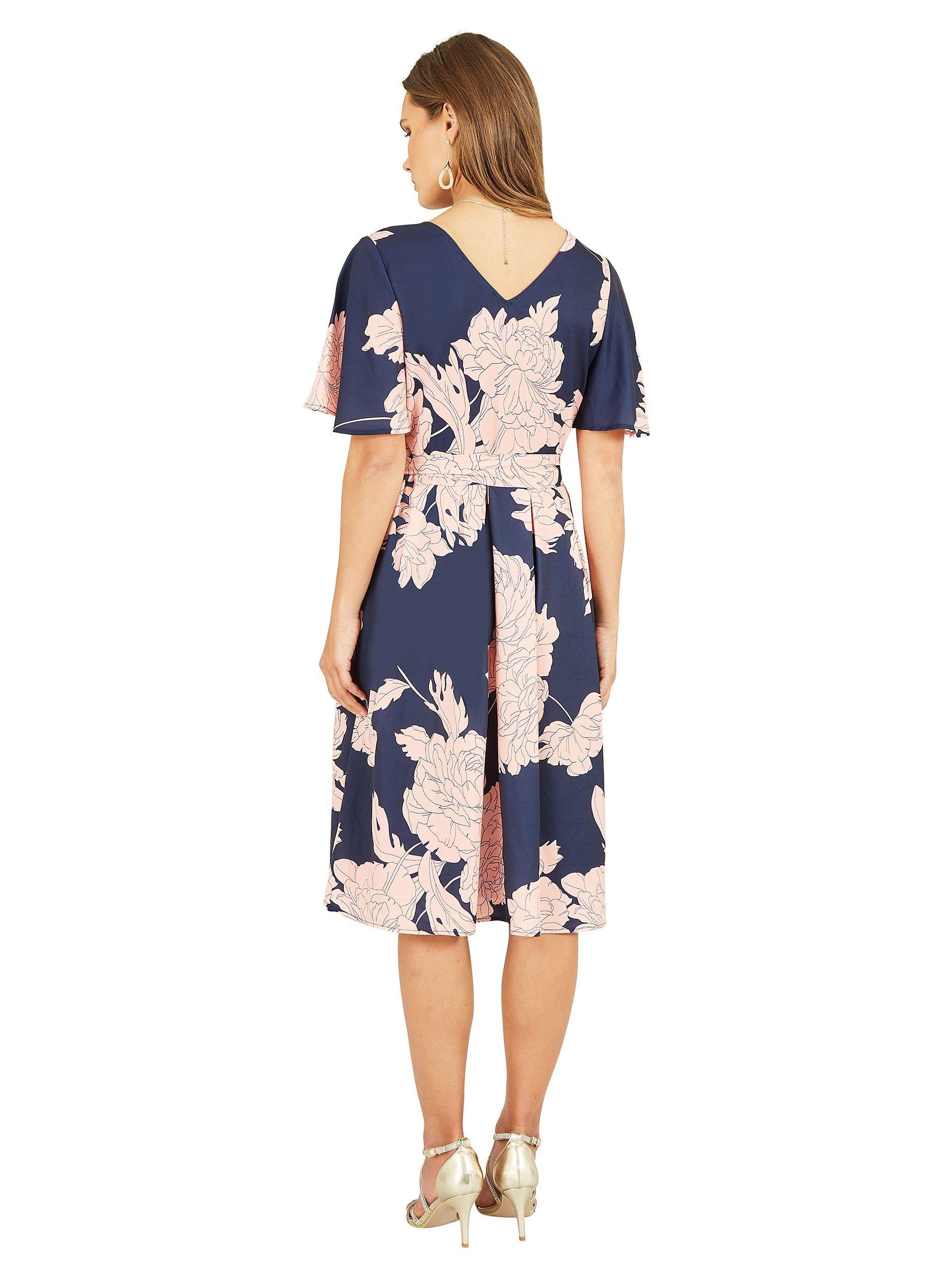 Product image 2 of 3, which shows Mela London Blossom Print Wrap Midi Dress, Navy, 8