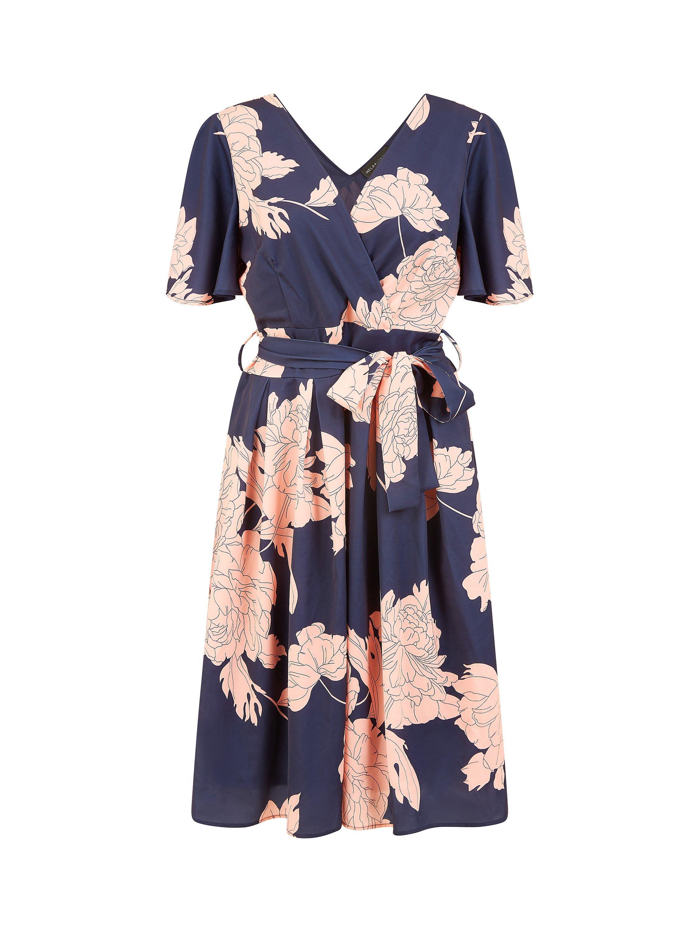 Product image 3 of 3, which shows Mela London Blossom Print Wrap Midi Dress, Navy, 8