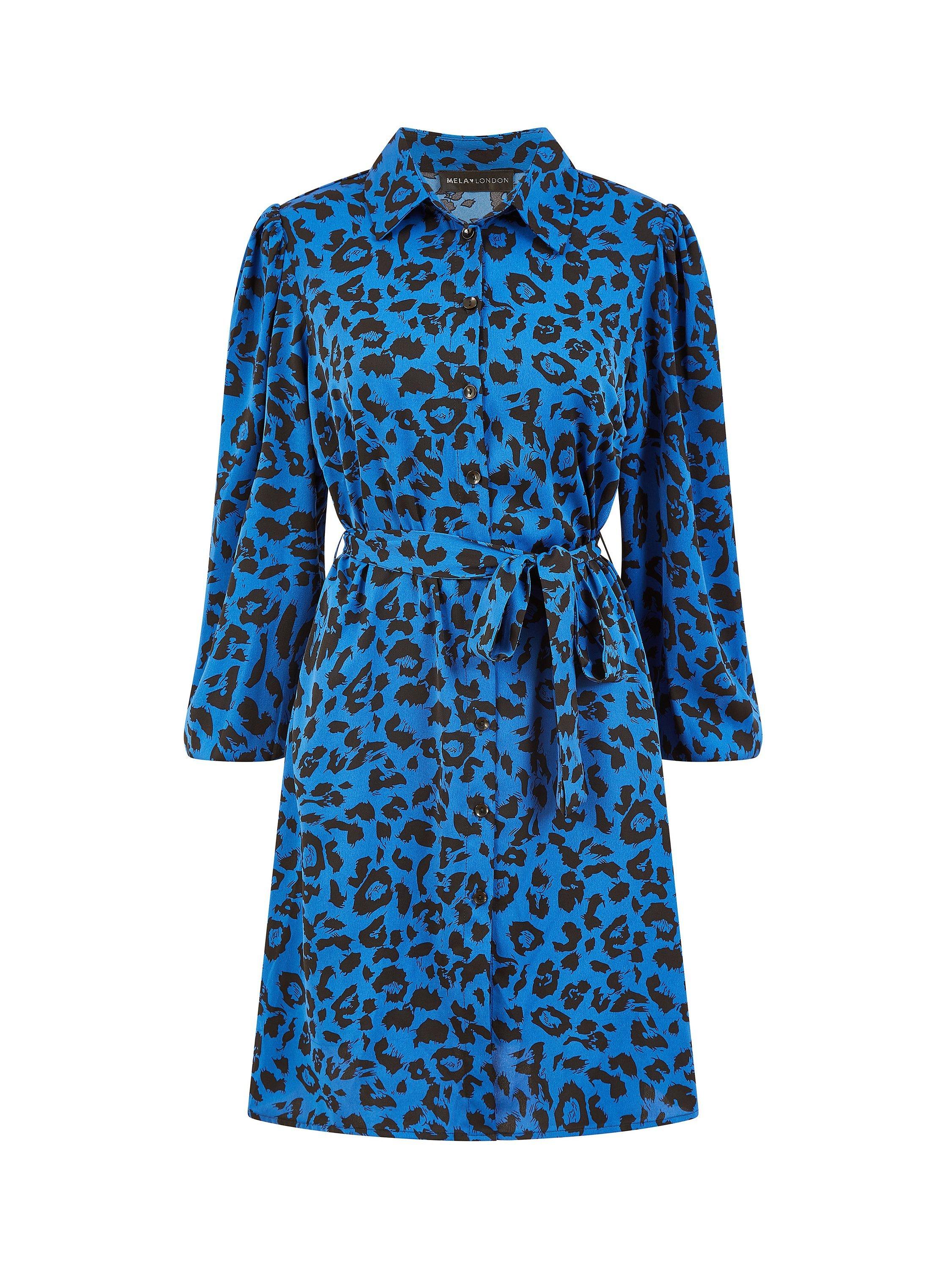 Product image 3 of 3, which shows Mela London Animal Print Shirt Dress, Blue/Black, 8