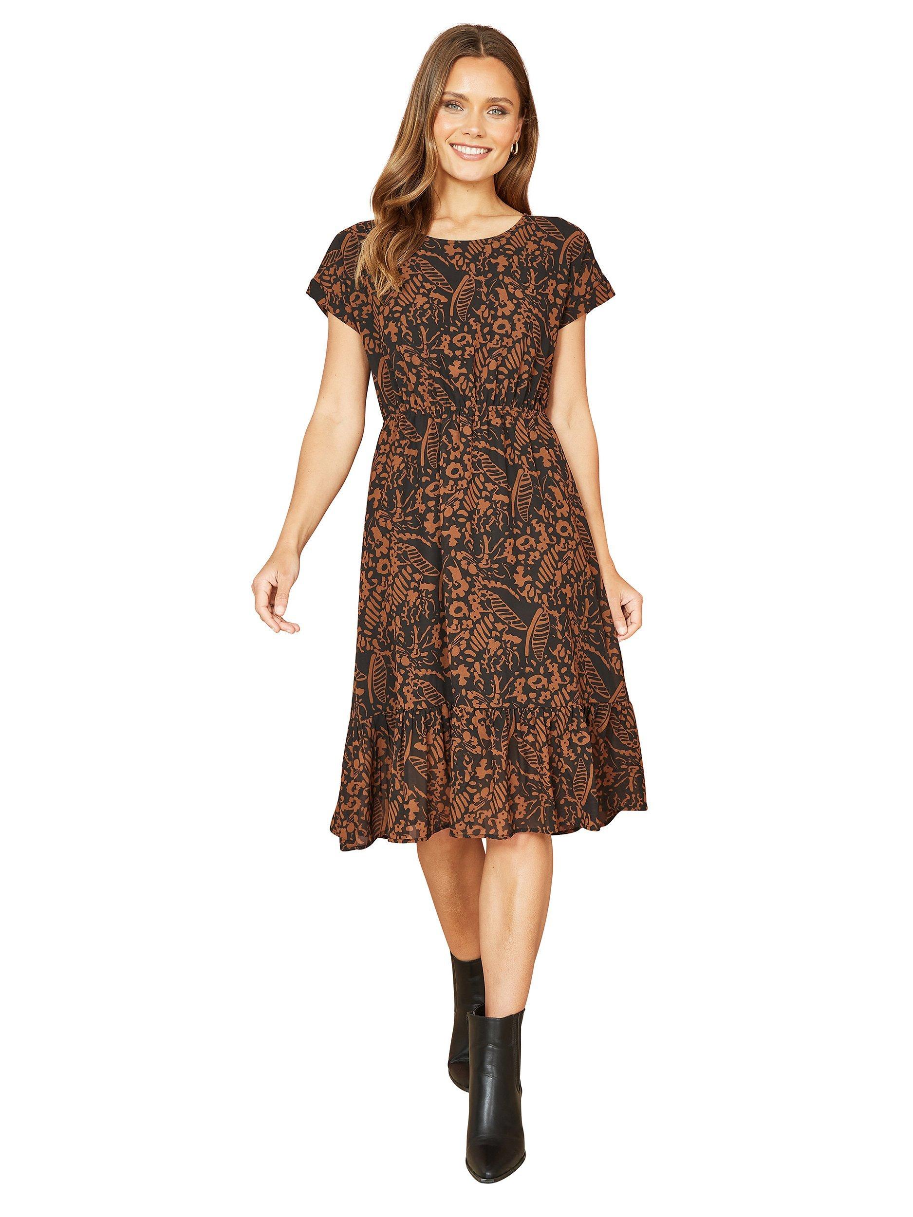 Mela London Leaf Print Skater Dress, Black/Brown