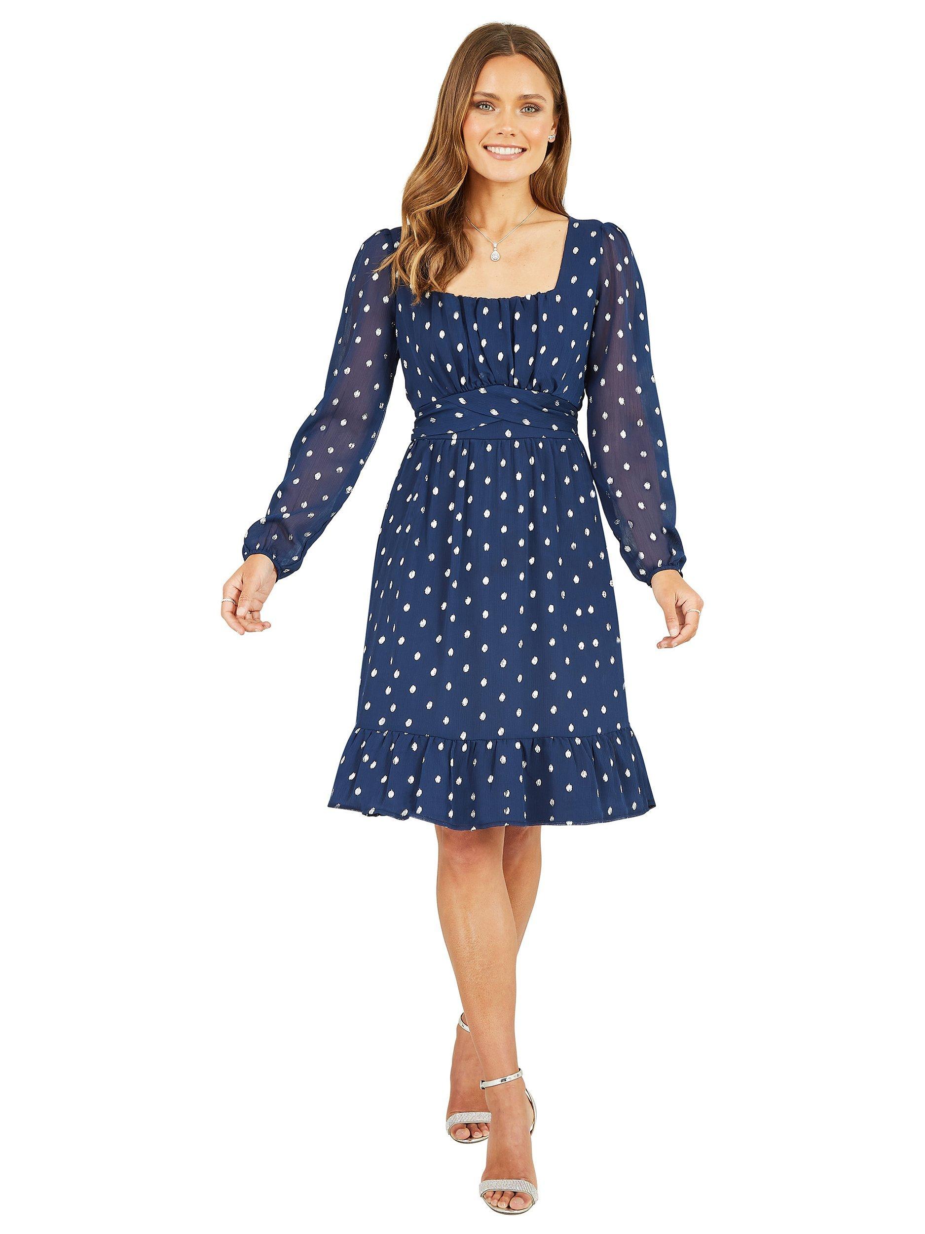 Product image 2 of 4, which shows Mela London Foil Print Skater Dress, Navy, 8