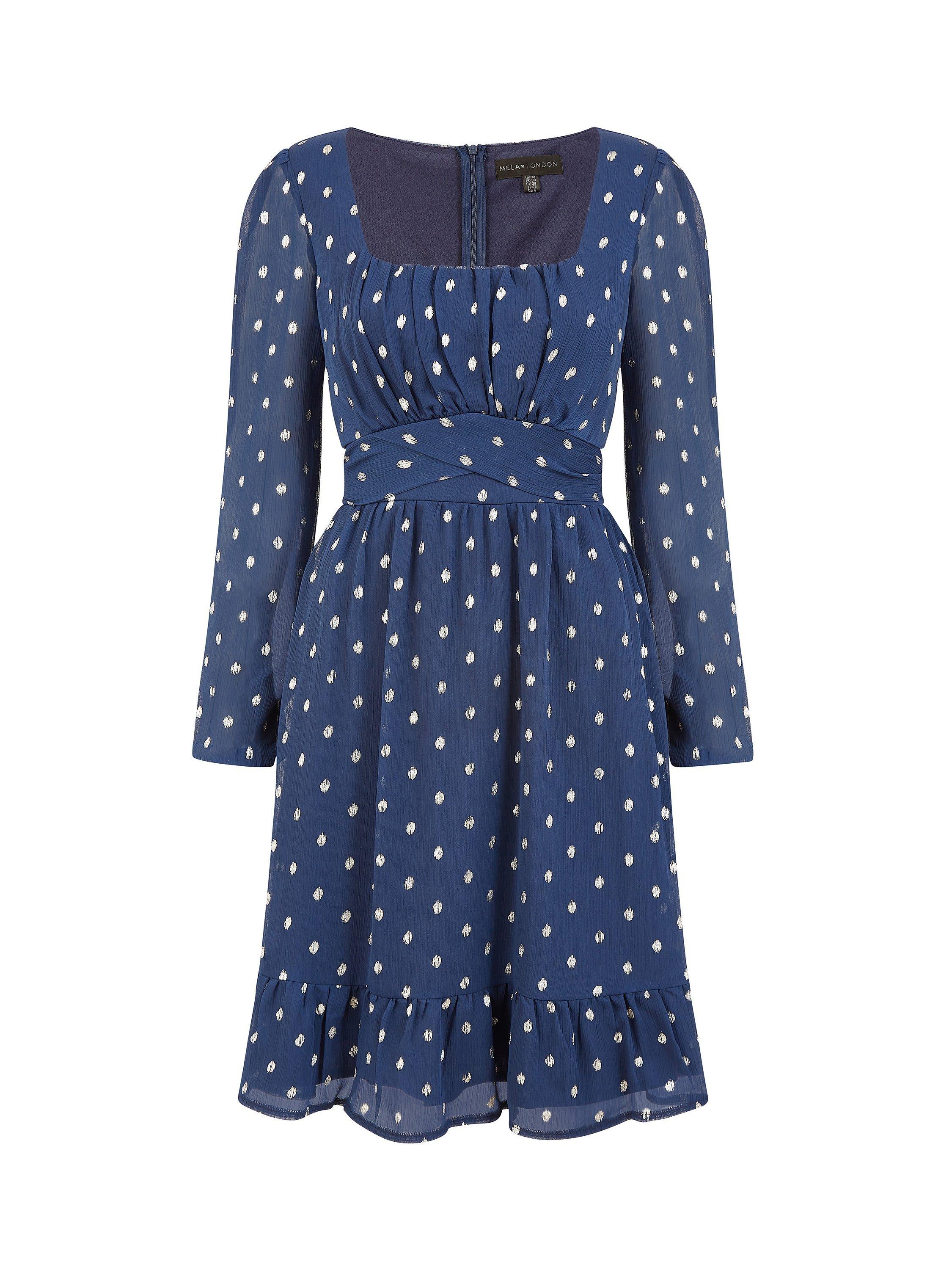 Product image 4 of 4, which shows Mela London Foil Print Skater Dress, Navy, 8
