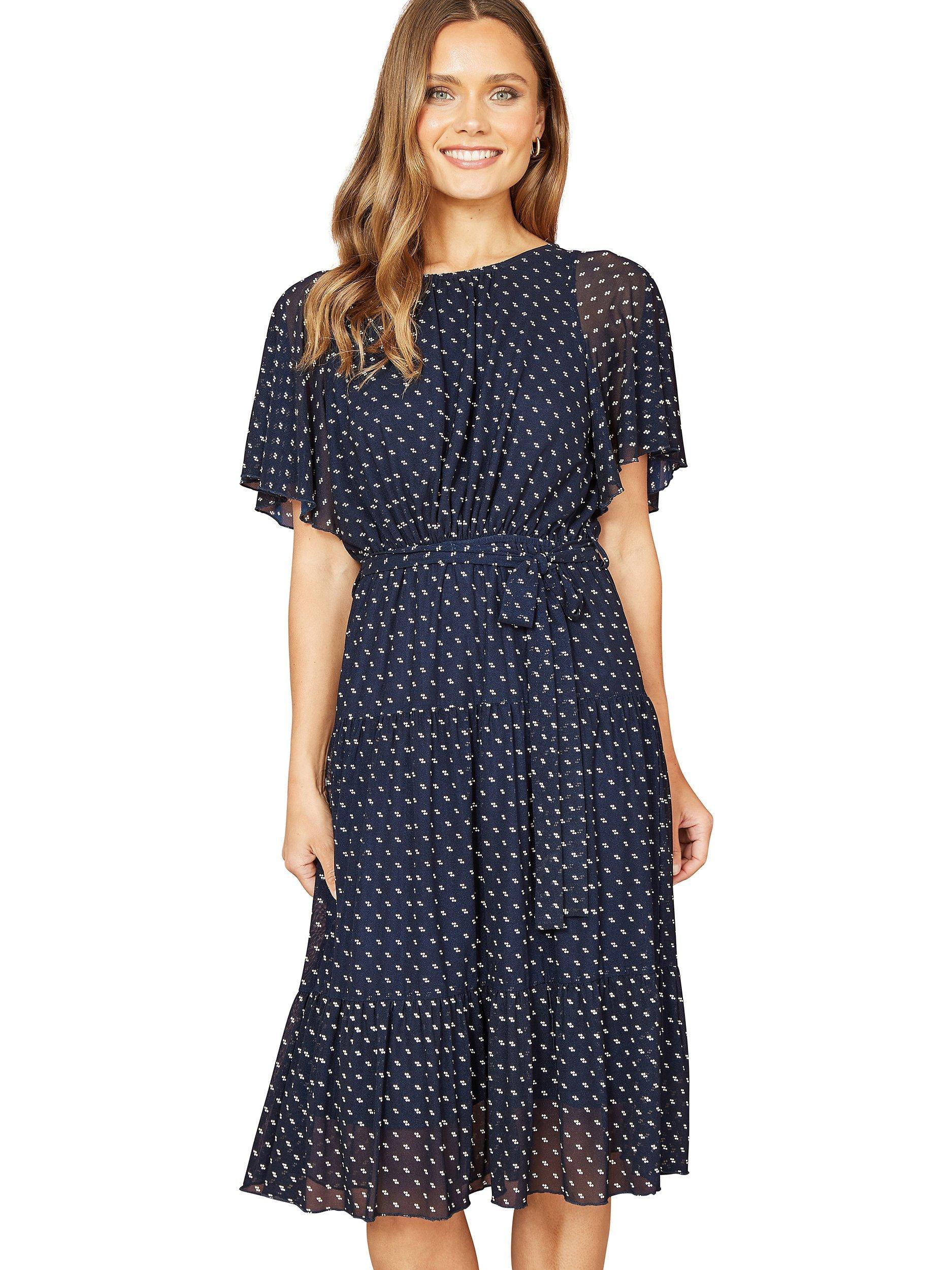 Product image 1 of 4, which shows Mela London Dot Print Mesh Dress, Navy, 18