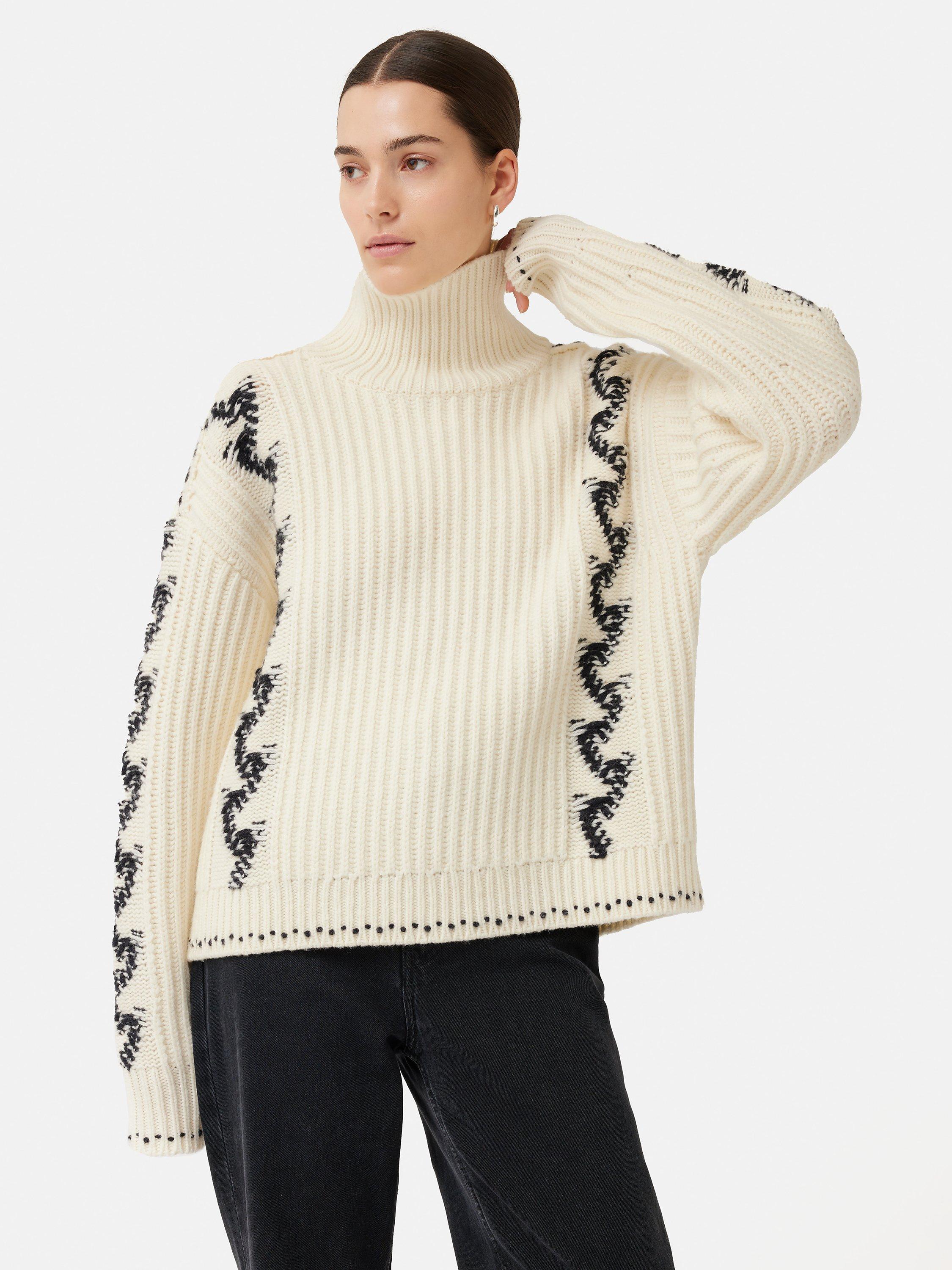 Jigsaw Chevron Chunky Rib Knit Turtleneck Ski Jumper, Cream/Black