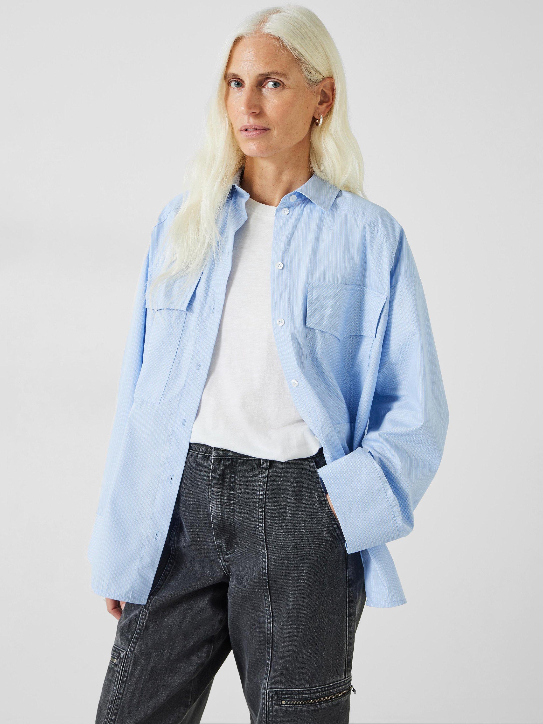 Product image 2 of 6, which shows HUSH Allie Oversized Stripe Cotton Shirt, Blue/White, 14