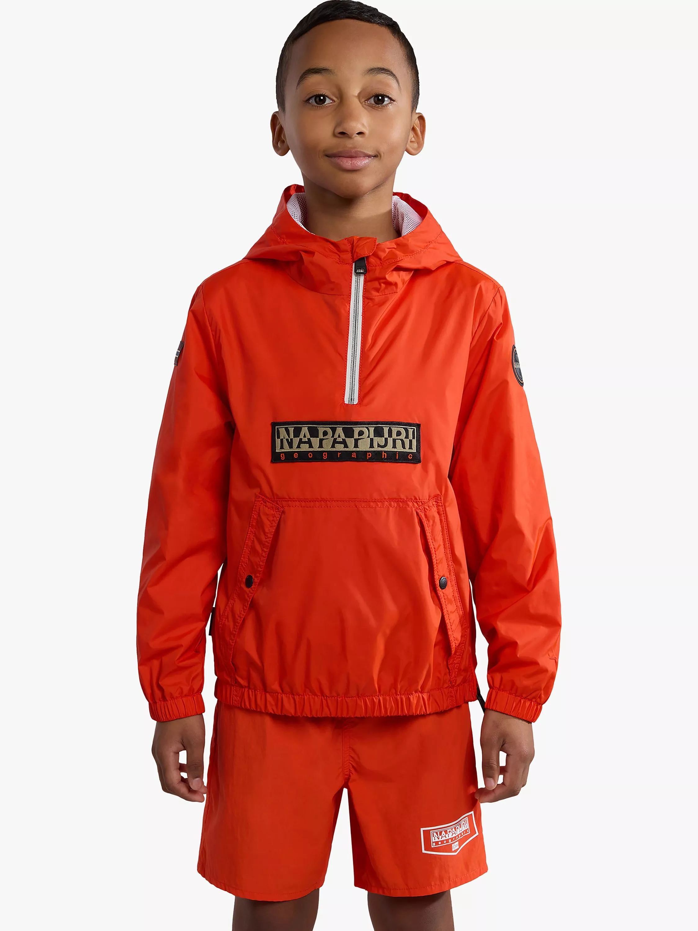 Napapijri Kids' Cree Packable Hooded Windbreaker Jacket, Orange