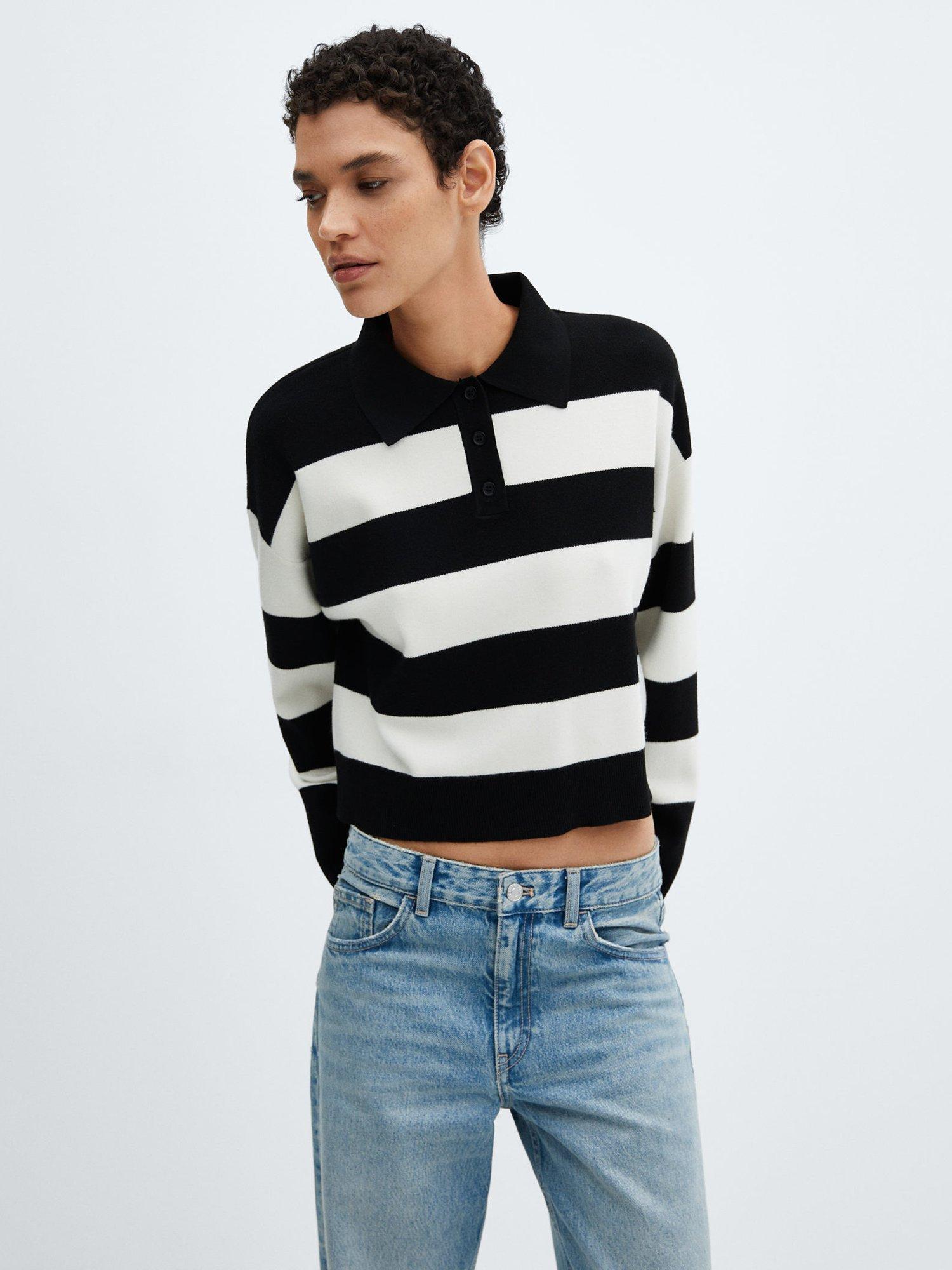 Mango Dora Block Stripe Polo Neck Cropped Jumper Black