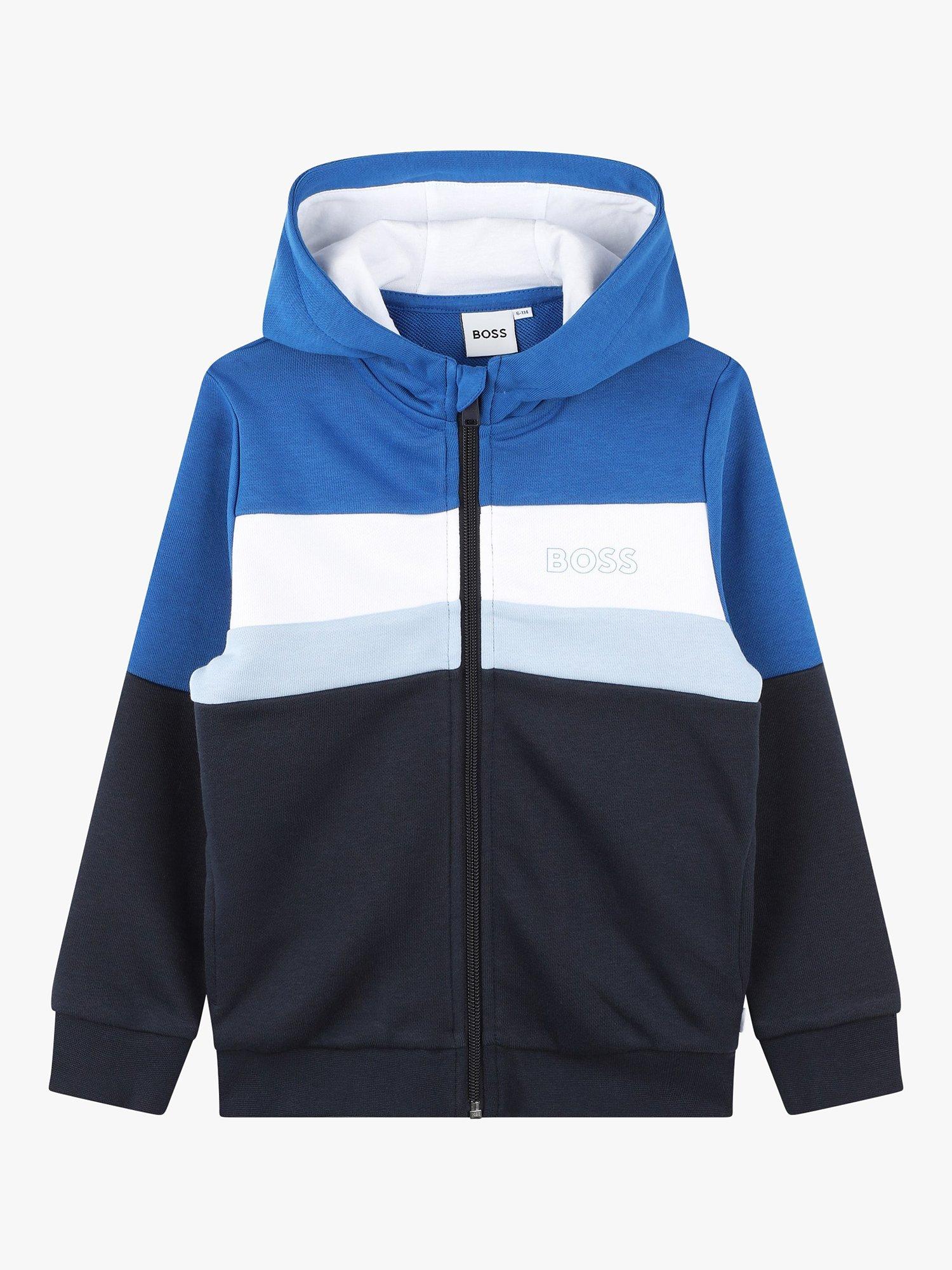 BOSS Kids' Logo Hooded Zip Through Cardigan, Blue/Multi