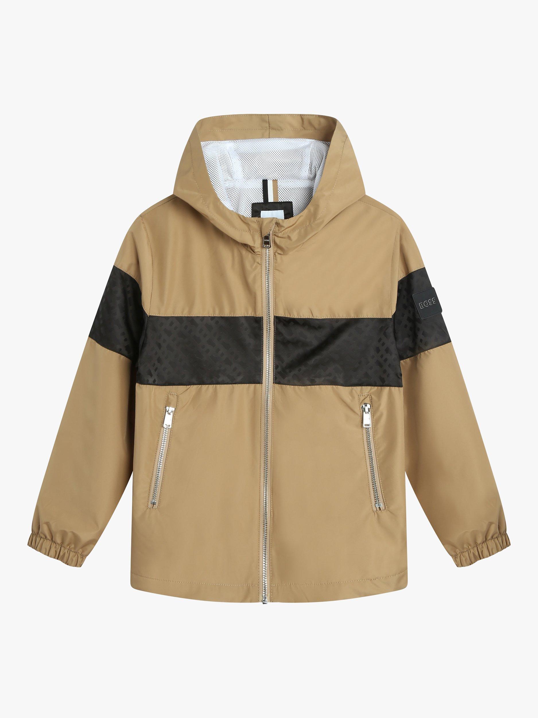 Product image 1 of 3, which shows BOSS Kids' Monogram Logo Water Repellent Hooded Windbreaker, Chocolate, 4 years