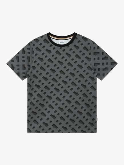 BOSS Kids' Slim Fit Monogram Print Logo Short Sleeve T-Shirt, Black, Black