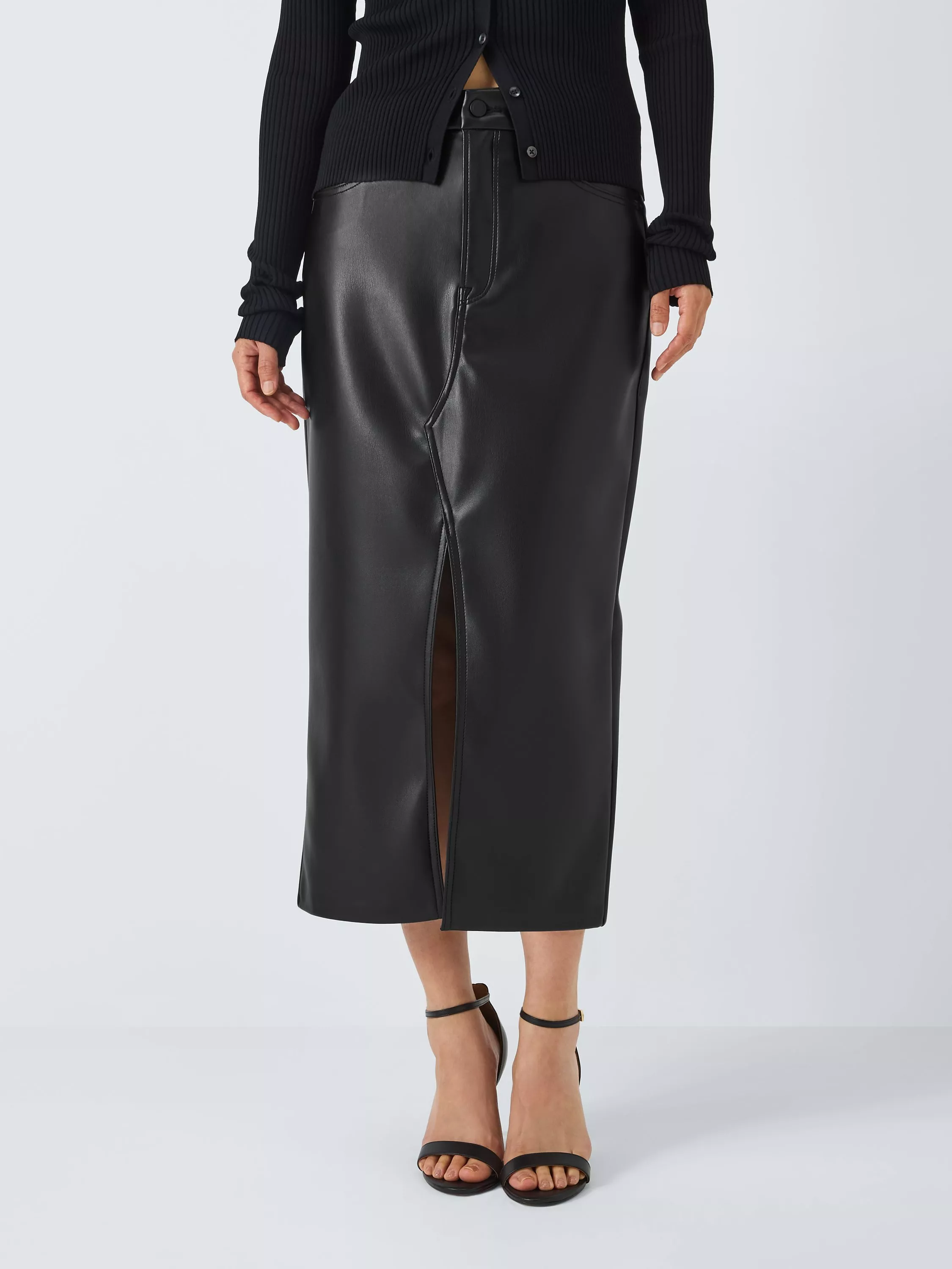 Front Slit Midi Leather Skirt