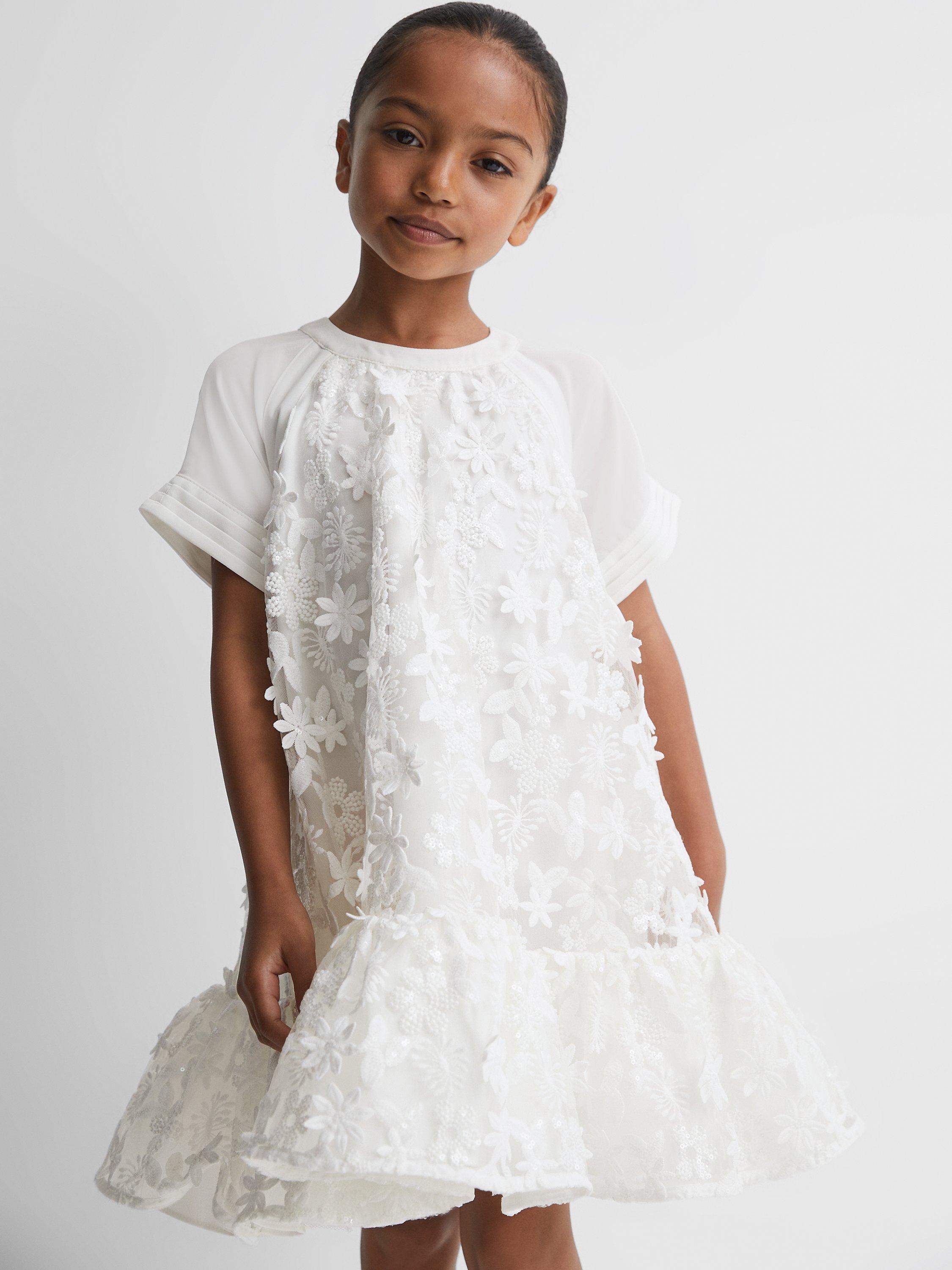 Reiss Kids' Theo Floral Lace Dress, Ivory