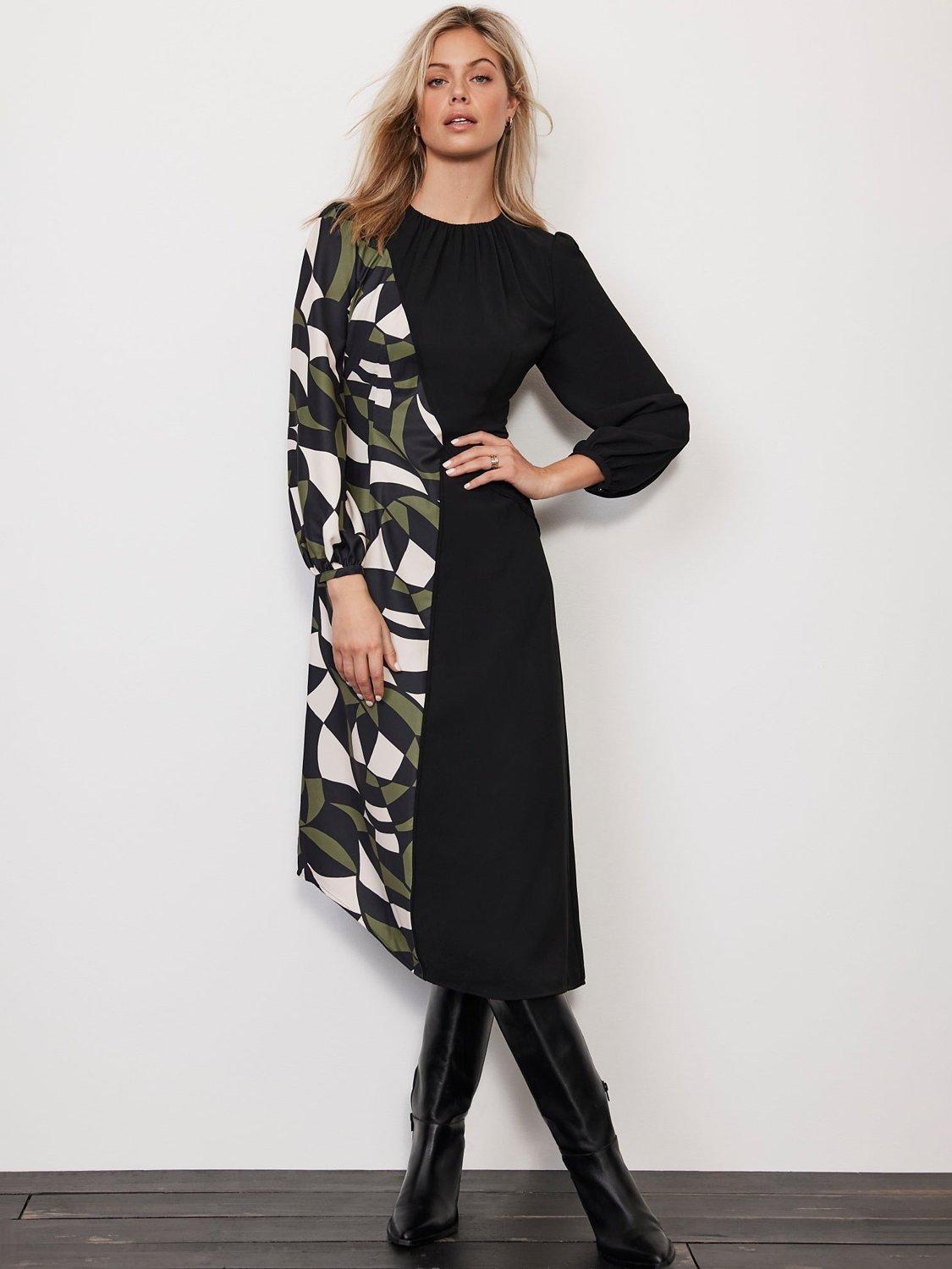 Mint Velvet Geometric Panel Midi Dress, Black/Multi