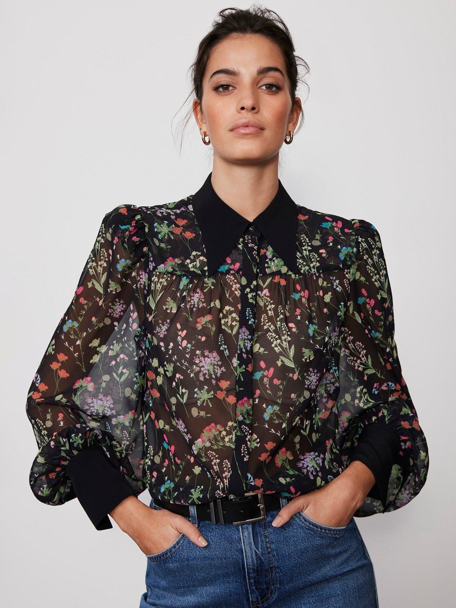 Mint Velvet Sheer Floral Print Shirt, Black