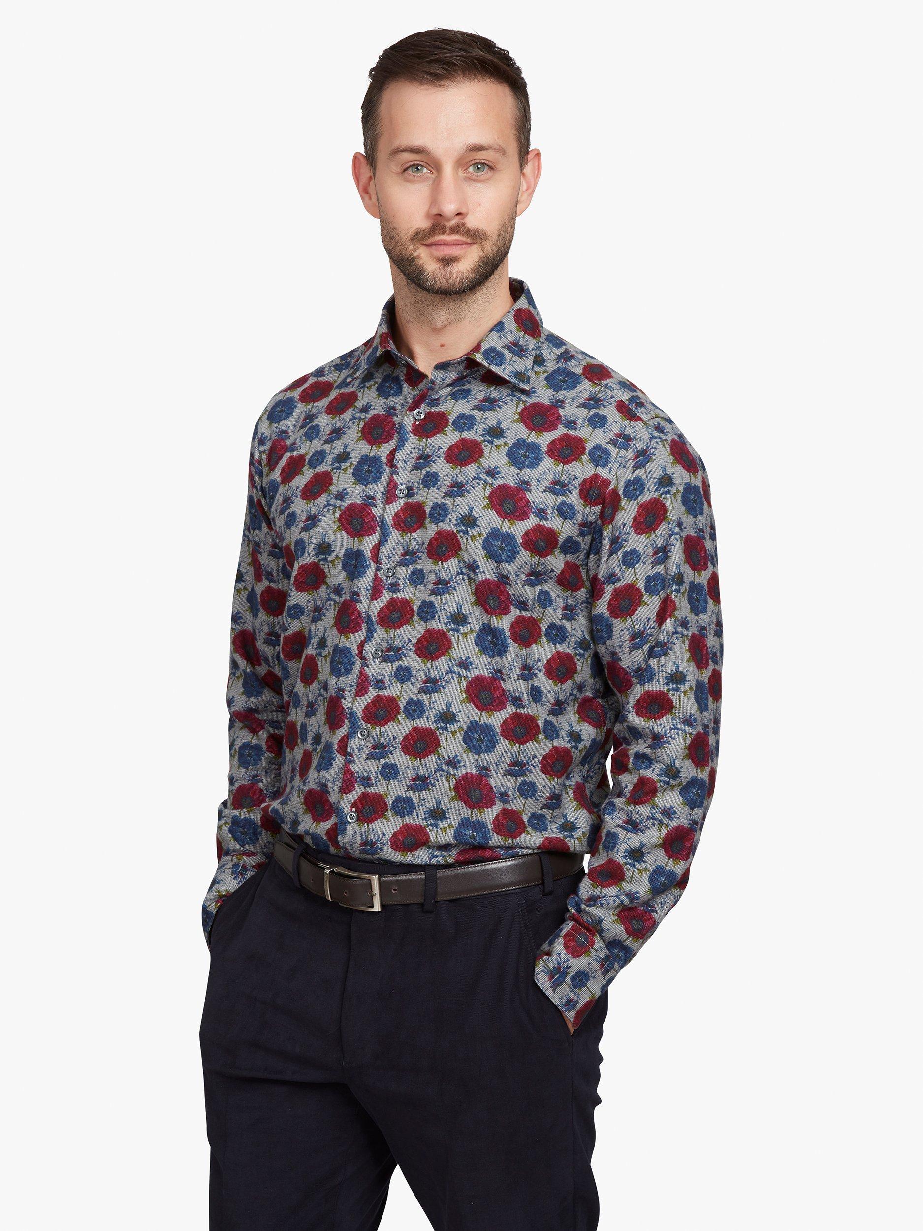 Product image 1 of 7, which shows Simon Carter Poppy Print Soft Cotton Long Sleeve Shirt, Blue/Multi, 16.5