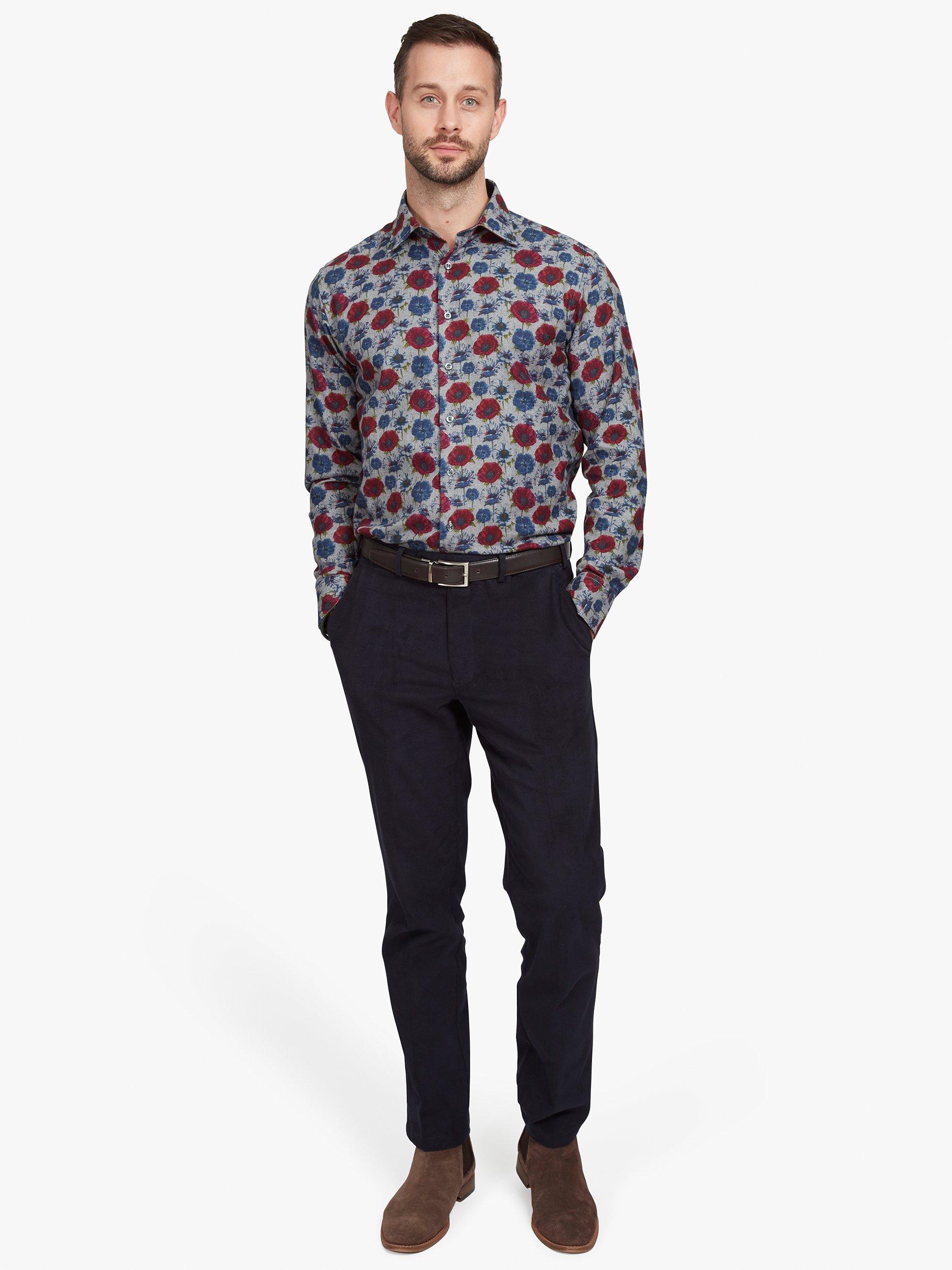 Product image 3 of 7, which shows Simon Carter Poppy Print Soft Cotton Long Sleeve Shirt, Blue/Multi, 16.5