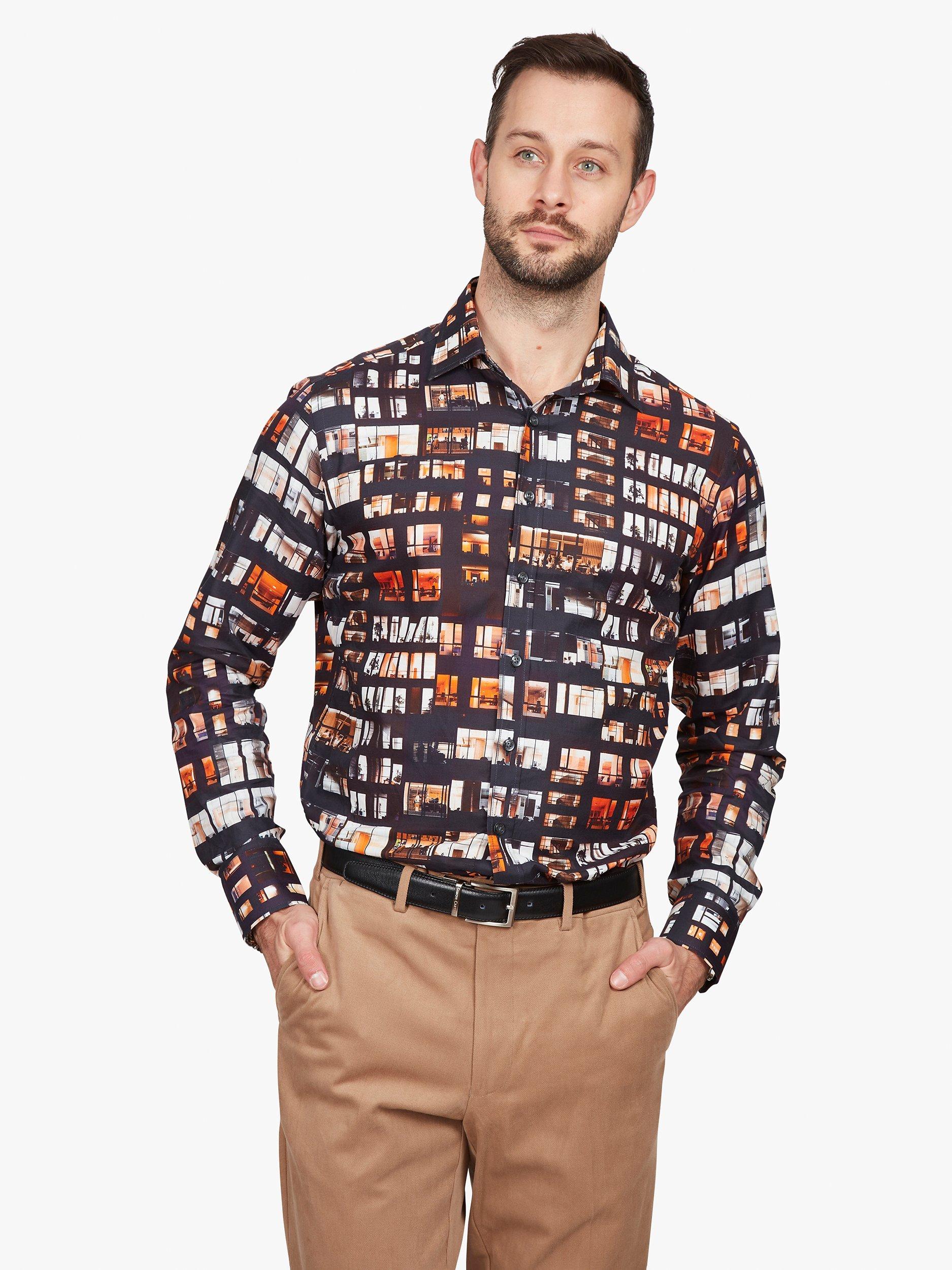 Product image 1 of 5, which shows Simon Carter Office Window Print Long Sleeve Shirt, Orange/Black, 16