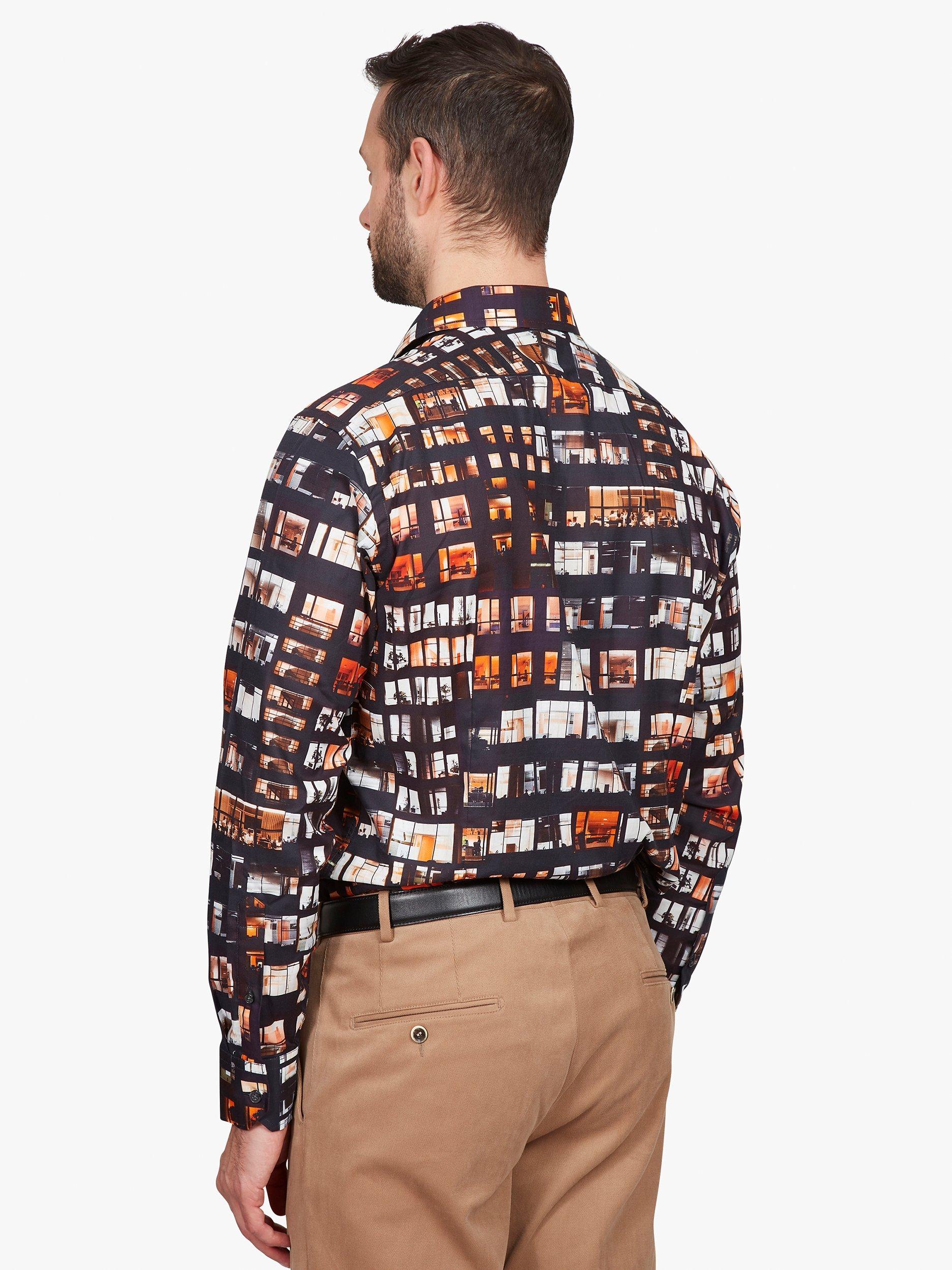 Product image 2 of 5, which shows Simon Carter Office Window Print Long Sleeve Shirt, Orange/Black, 16