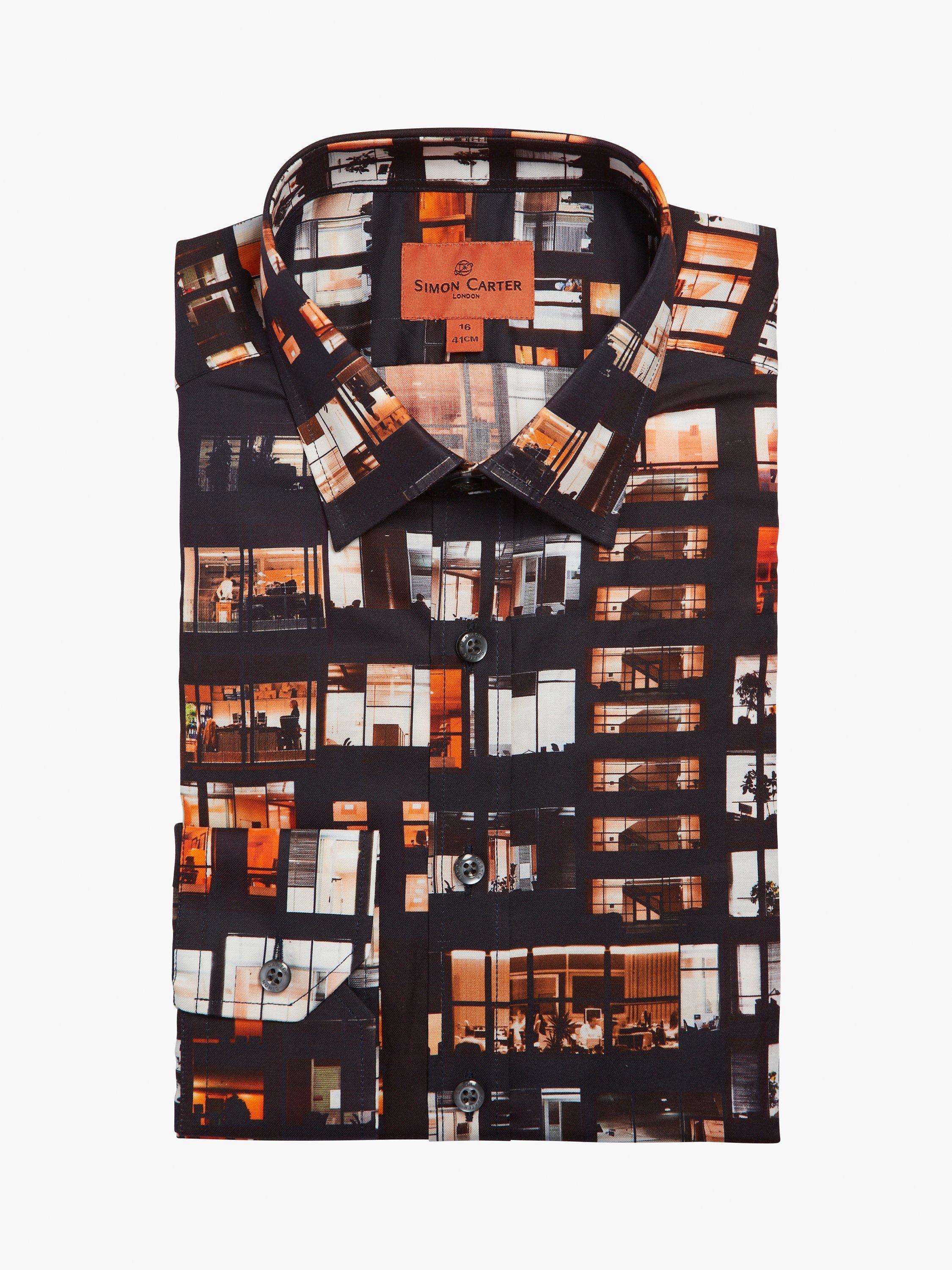 Product image 3 of 5, which shows Simon Carter Office Window Print Long Sleeve Shirt, Orange/Black, 16