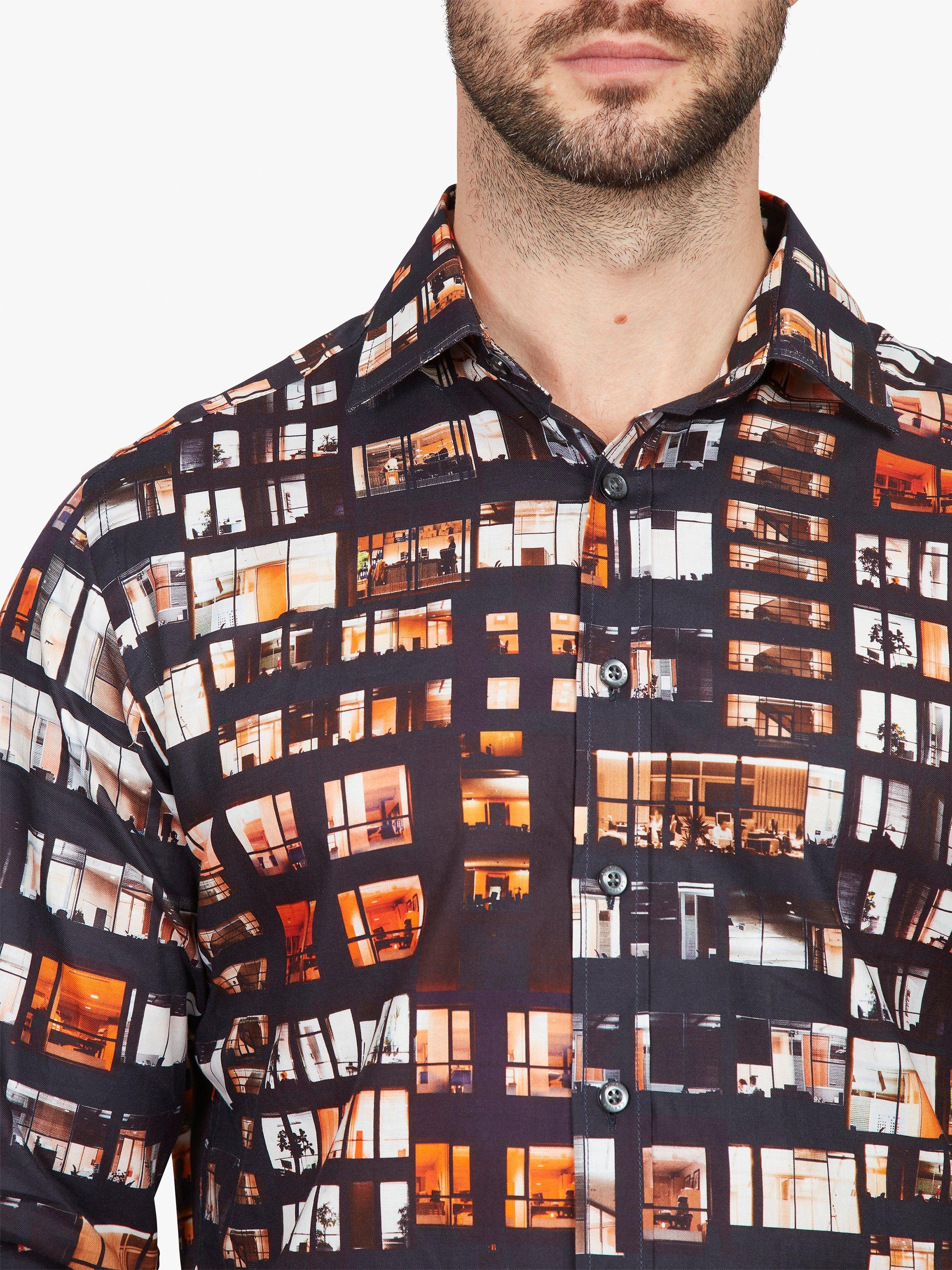 Product image 4 of 5, which shows Simon Carter Office Window Print Long Sleeve Shirt, Orange/Black, 16