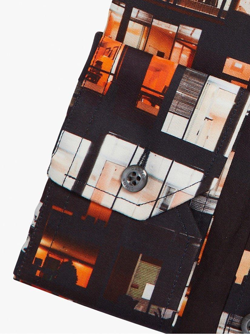 Product image 5 of 5, which shows Simon Carter Office Window Print Long Sleeve Shirt, Orange/Black, 16