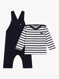 Petit Bateau Baby Dungarees & Breton Stripe Top Set, Navyy/Multi, Navy/Multi