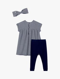 Petit Bateau Baby Rib Pinstripe Dress, Leggings & Headband 3 Piece Set, Navy - view 2, Navy
