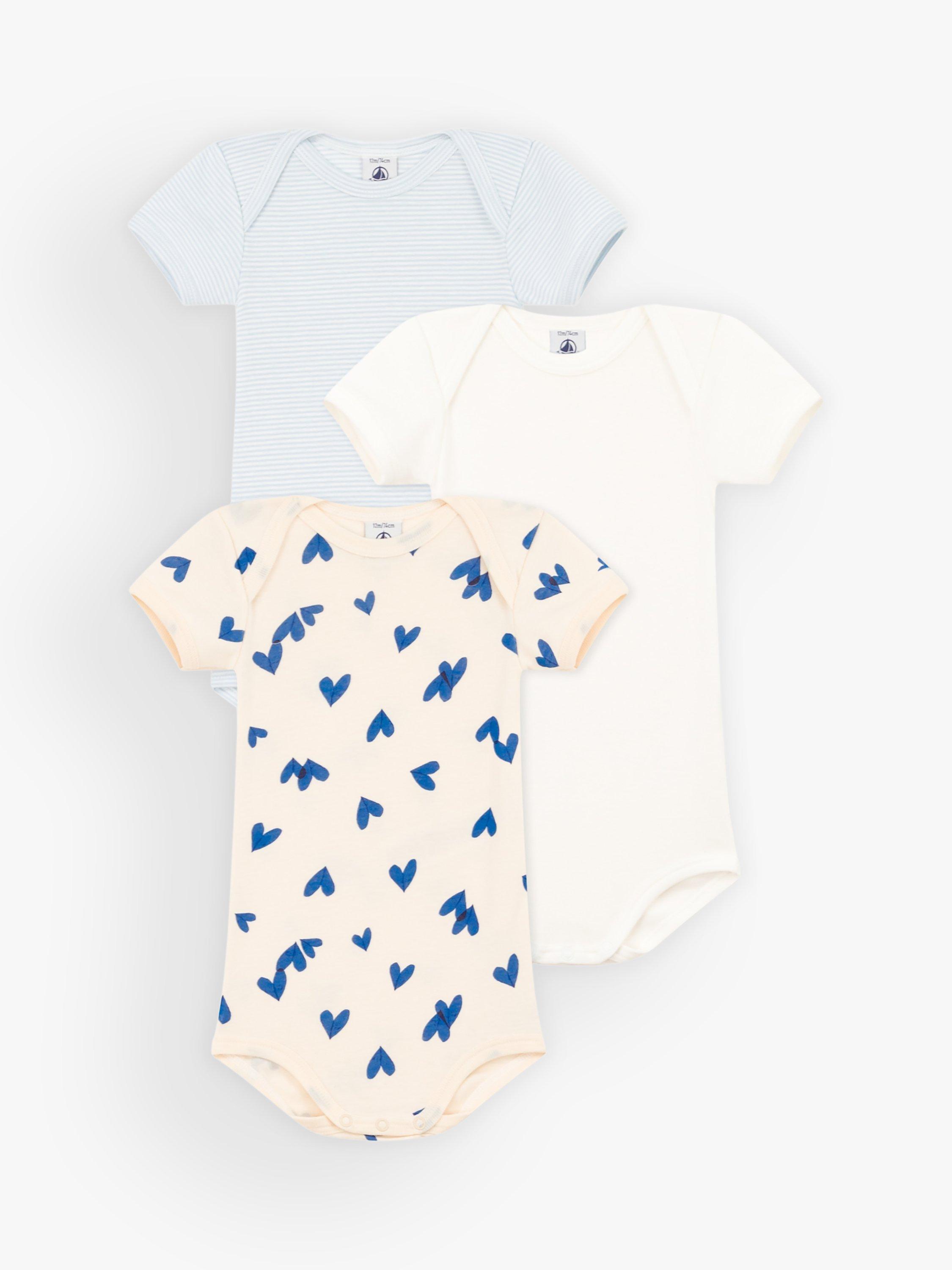 Product image 1 of 3, which shows Petit Bateau Baby Heart Short Sleeve Bodysuits, Pack of 3, Blue/Multi, 6 months