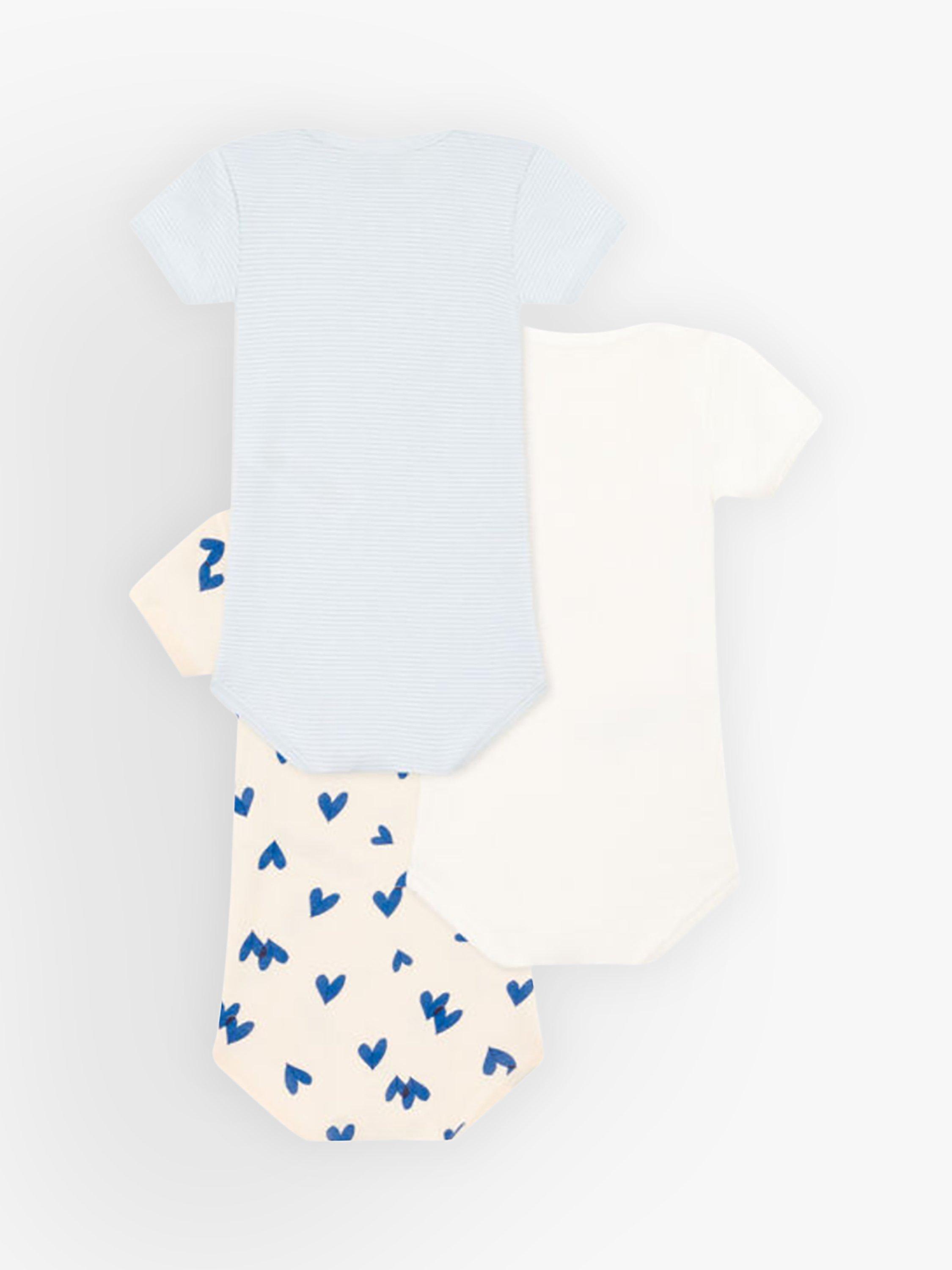 Product image 2 of 3, which shows Petit Bateau Baby Heart Short Sleeve Bodysuits, Pack of 3, Blue/Multi, 6 months