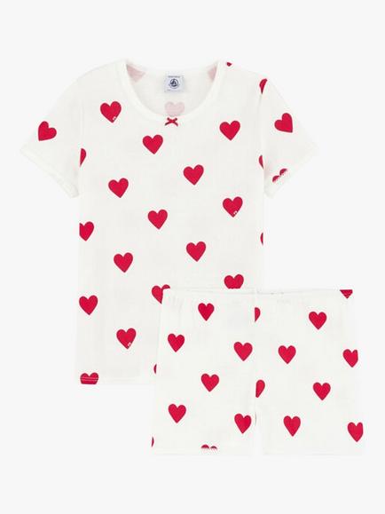 Petit Bateau Kids' Heart Print Short Pyjamas, Marshmallow/Terkuit, Marshmallow/Terkuit