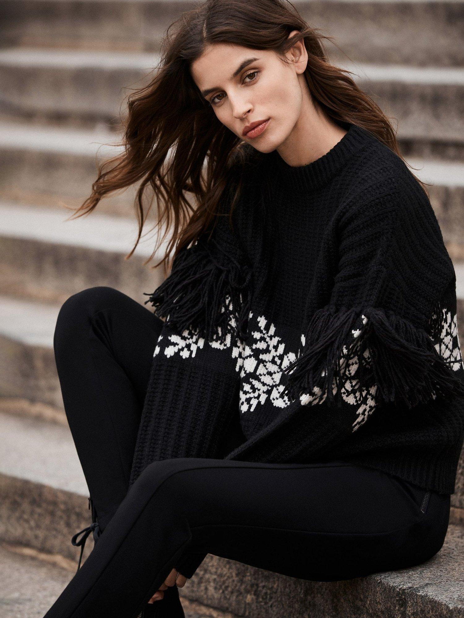 Mint Velvet Jacquard Fringe Wool Blend Jumper, Black