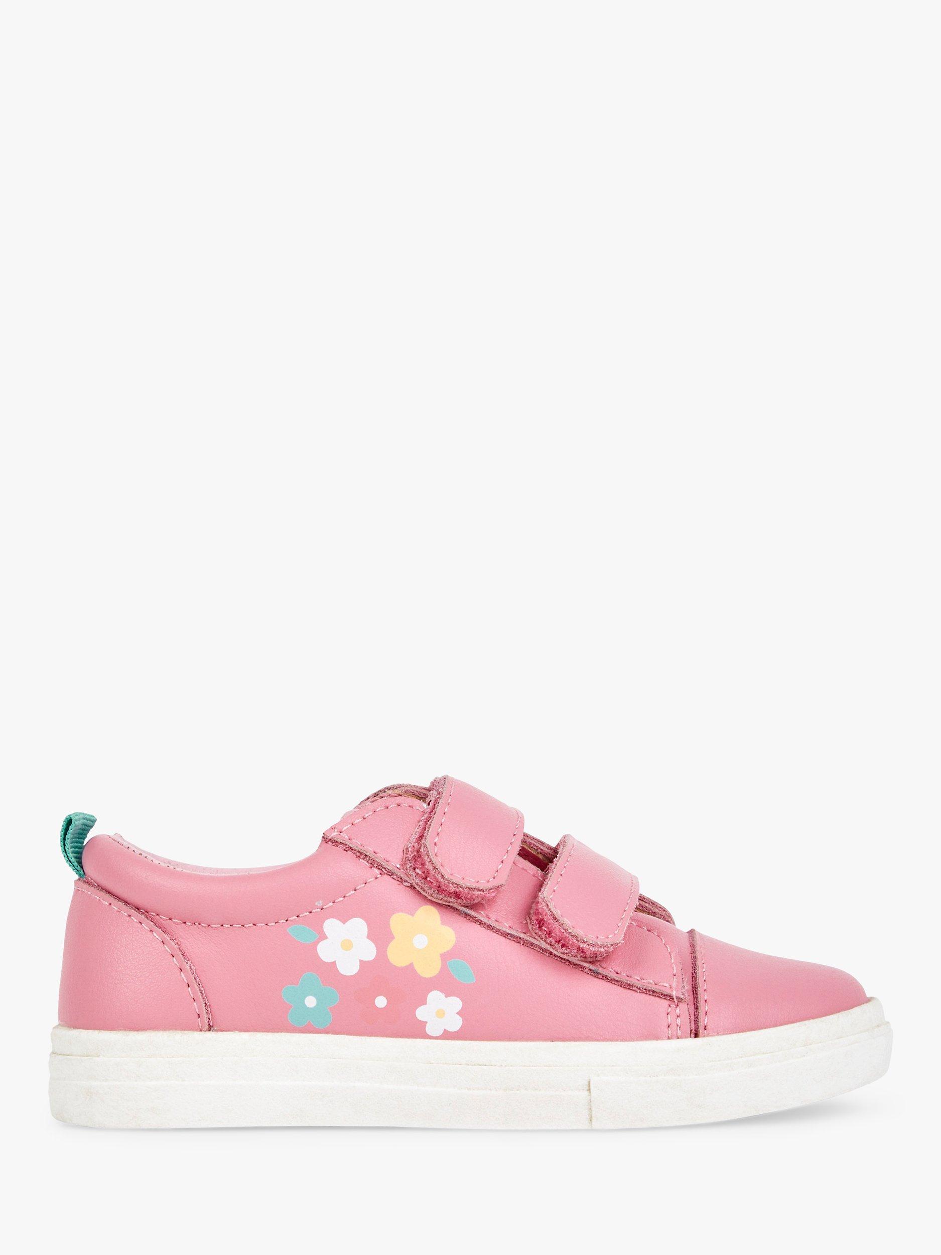 Product image 1 of 4, which shows JoJo Maman Bébé Kids' Leather Floral Print Riptape Trainers, Pink, 4 Jnr